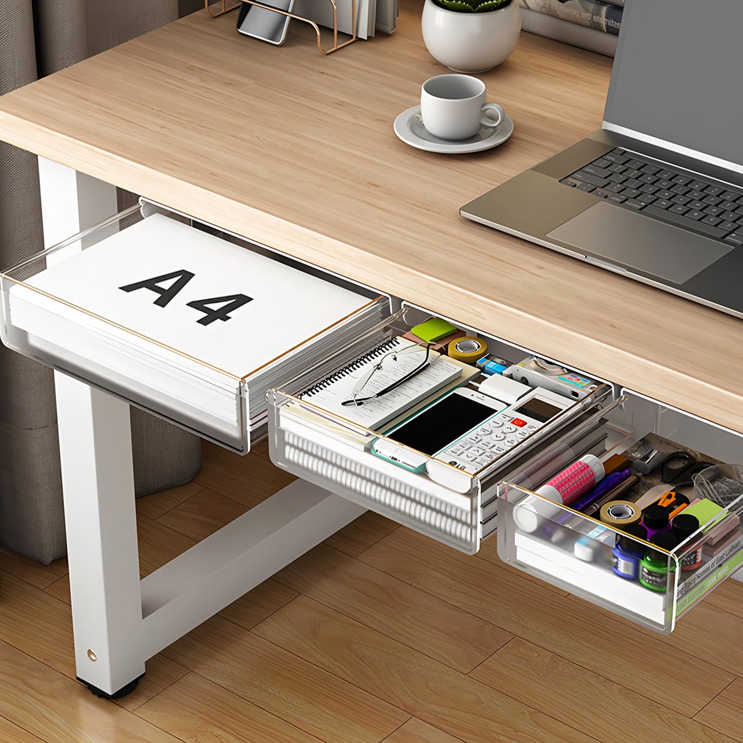 SVNNELP Under Desk Table Drawer Storage Organizer,3 Pack Large & Medium & Small Slide Out Desk Drawers - Hidden Desktop Organizer,Attachable Pencil Storage Tray Under Table(Clear White),S+M+L