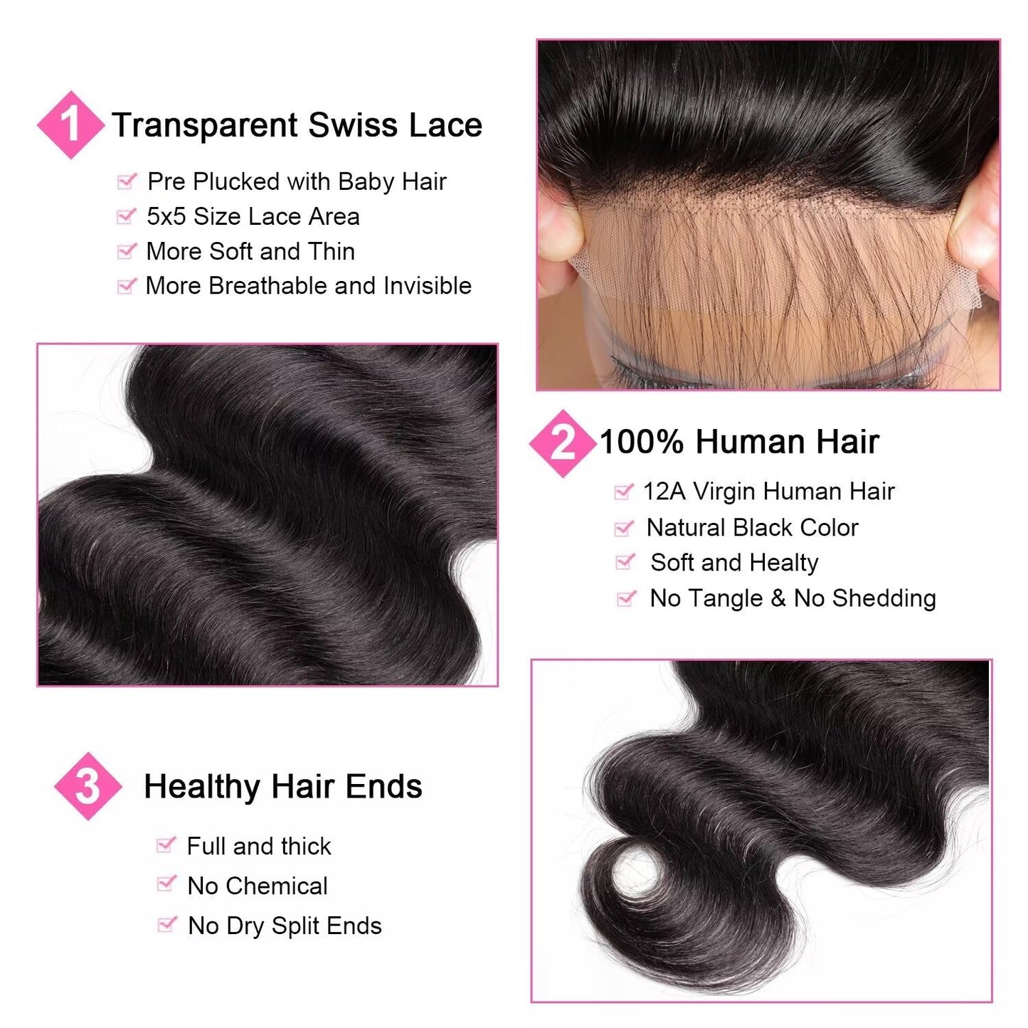 5x5 Inch Clear HD Lace Closure Body Wave Invisible Ultra Thin 5x5 Brazilian Virgin Human Hair Pre Plucked Natural Black 16 Inch