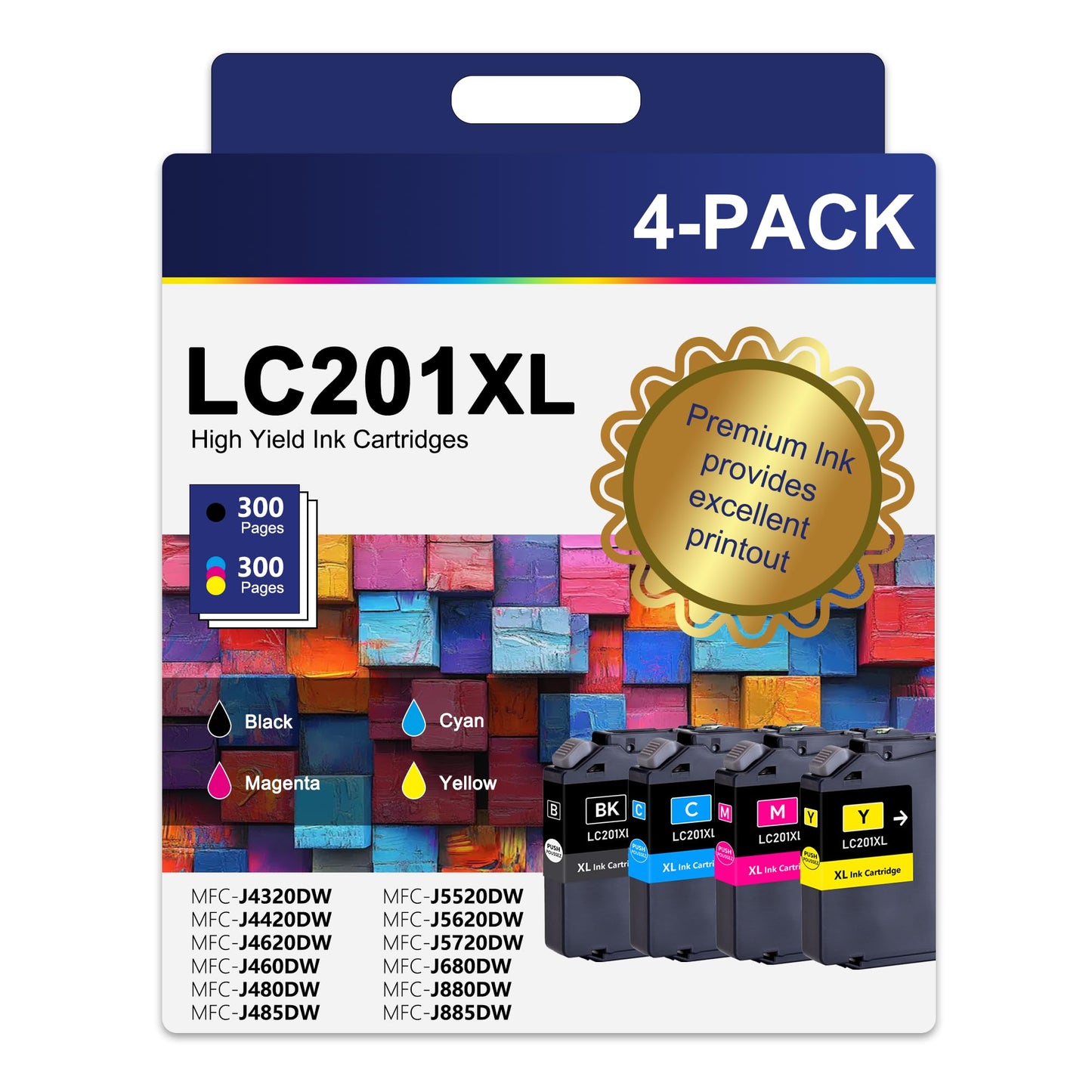 LC201 LC201XL Ink Cartridges High Yield 4 Pack Replacement for Brother 201 LC201 XL MFC-J480DW MFC-J680DW MFC-J880DW MFC-J485DW MFC-J4620DW MFCJ5720DW Printer (BK/C/M/Y)