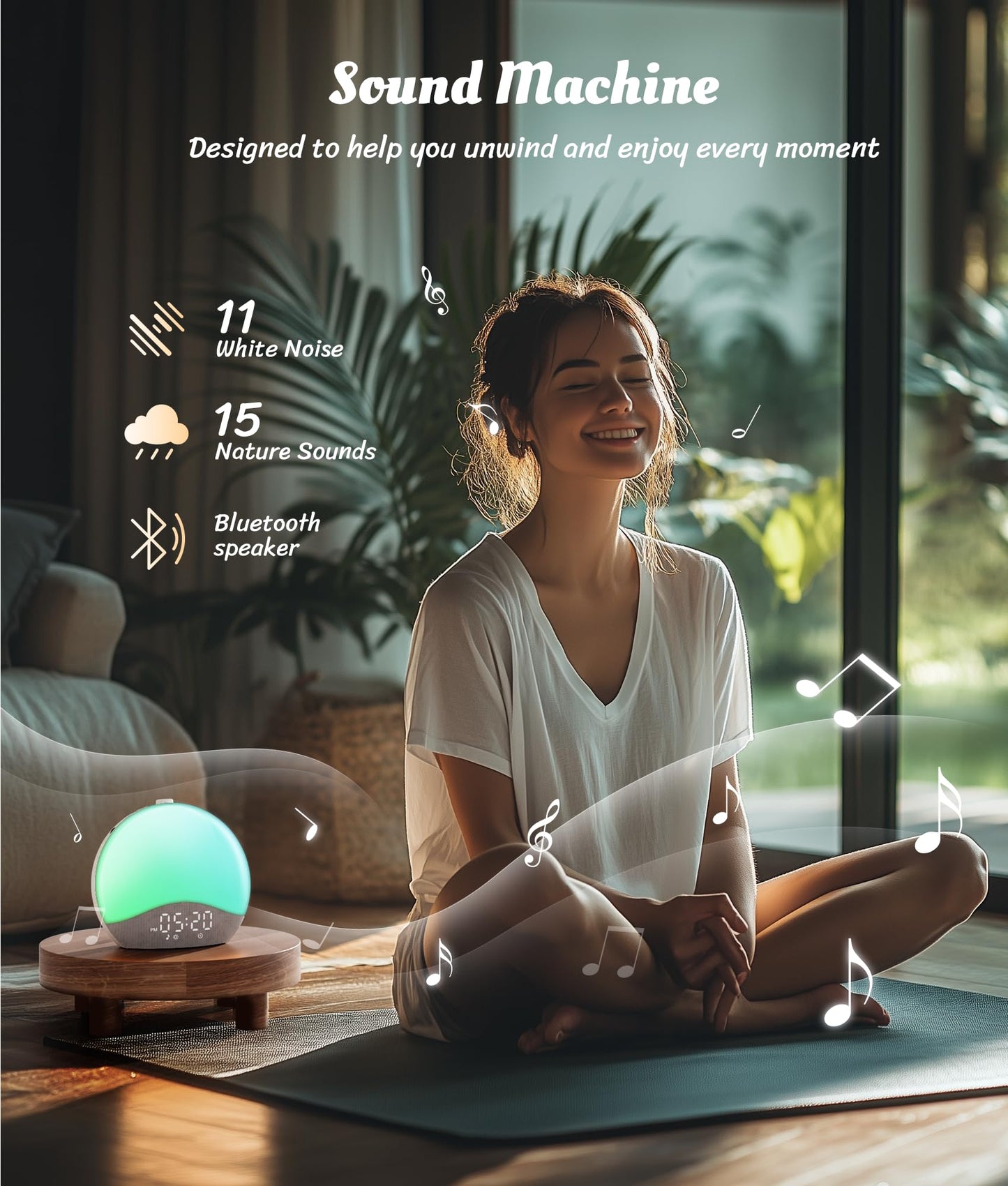 ecozy Sunrise Alarm Clock, White Noise Sound Machine, Alarm Clock for Bedrooms, 26 Soothing Sounds, 17 Night Lights, Bluetooth Speaker, Wake Up Sunlight for Heavy Sleepers, Adults, Kids