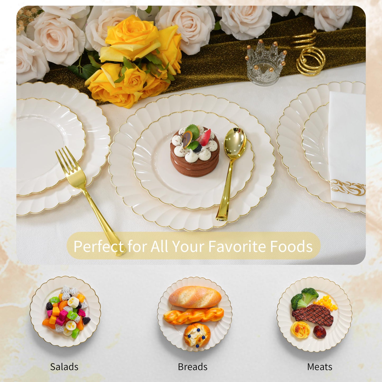 ISFANGCO 72PCS Ivory Plastic Plates Set for 36 Guests, Heavy Duty Disposable Gold Rim Scalloped for Wedding Party, 36 Dinner Plates 10.25", 36 Dessert Plates 7.25"