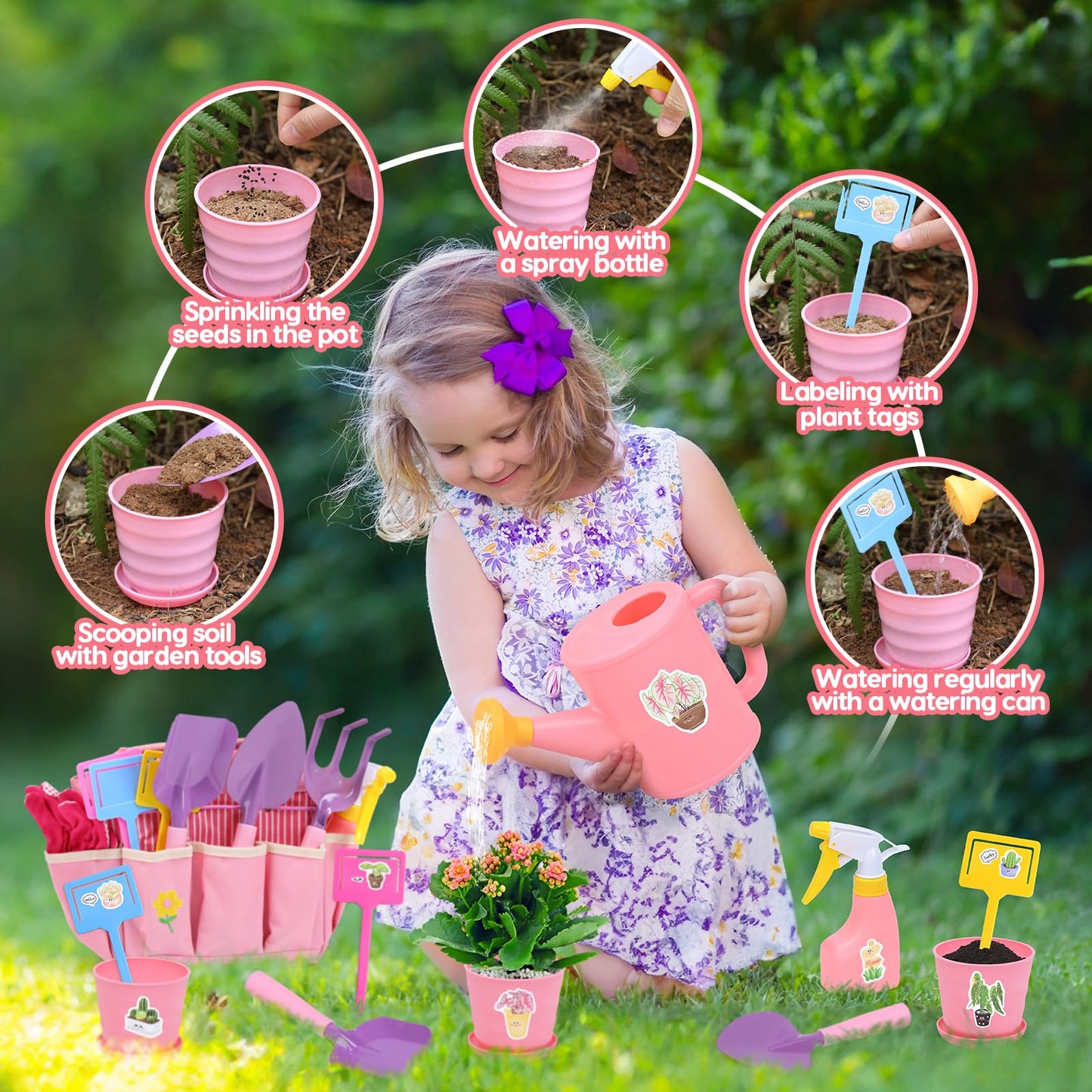 CUTE STONE Pink Kids Gardening Tool Set, Garden Toys W/Shovel, Rake, Trowel, Apron W/Pockets, Garden Tote Bag, Watering Can, DIY Stickers, Outdoor Backyard Digging Gift Toys for Boys Girls