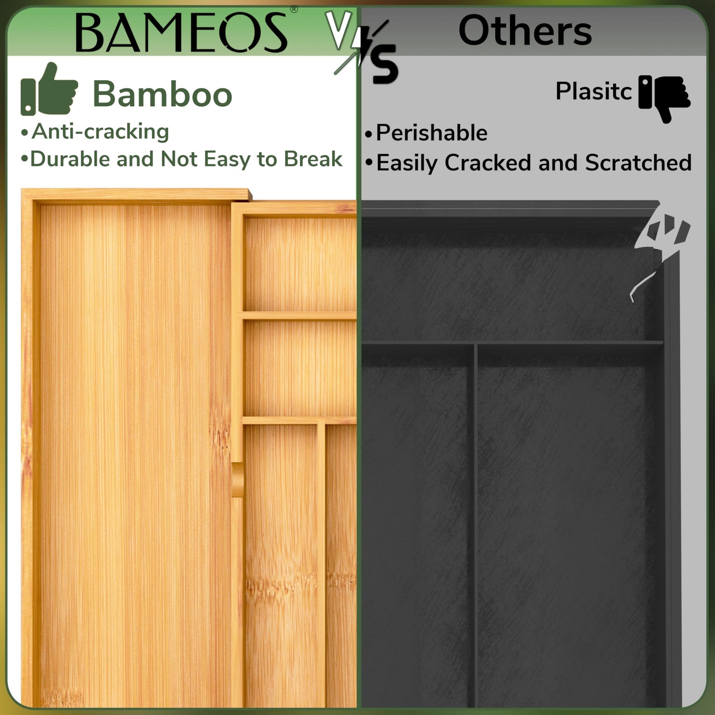 BAMEOS Utensil Drawer Organizer, Cutlery Tray Desk Drawer Organizer Silverware Holder Kitchen Knives Tray Drawer Organizer, 100% Pure Bamboo Expandable Adjustable Cutlery