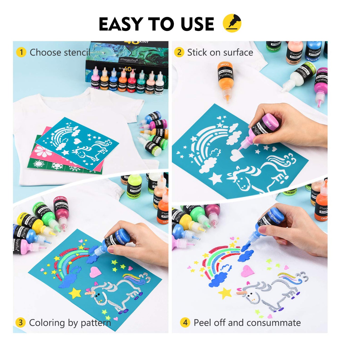Magicfly 3D Fabric Paints, 40 Colors Puffy Paint Set with Fluorescent, Glow in The Dark, Glitter, Metallic Colors, Permanent Textile Paint for Clothing, T-Shirt, Glass, Wood