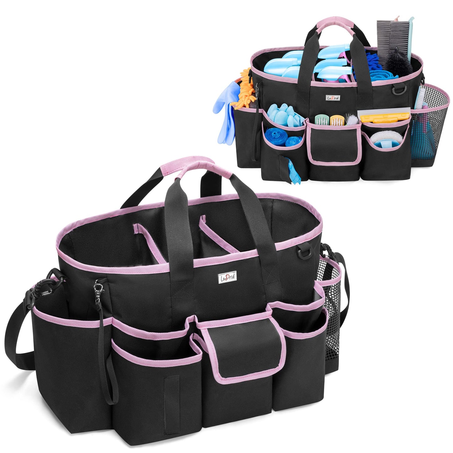 LoDird Cleaning Caddy Bag with 3 Compartments and Multifunctional Pockets, Cleaning Supplies Organizer for Cleaning Work with Handle and Shoulder Strap, Grey