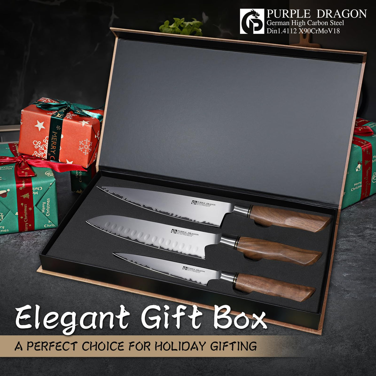 Purple Dragon Knife Set, 3Pcs Kitchen Knives Set, German VG10 Steel Japanese Chef Knife 7.8 Inch Santoku Knife 7 Inch Utility Knife 5.1 Inch, Razor-Sharp Knives with Gift Box