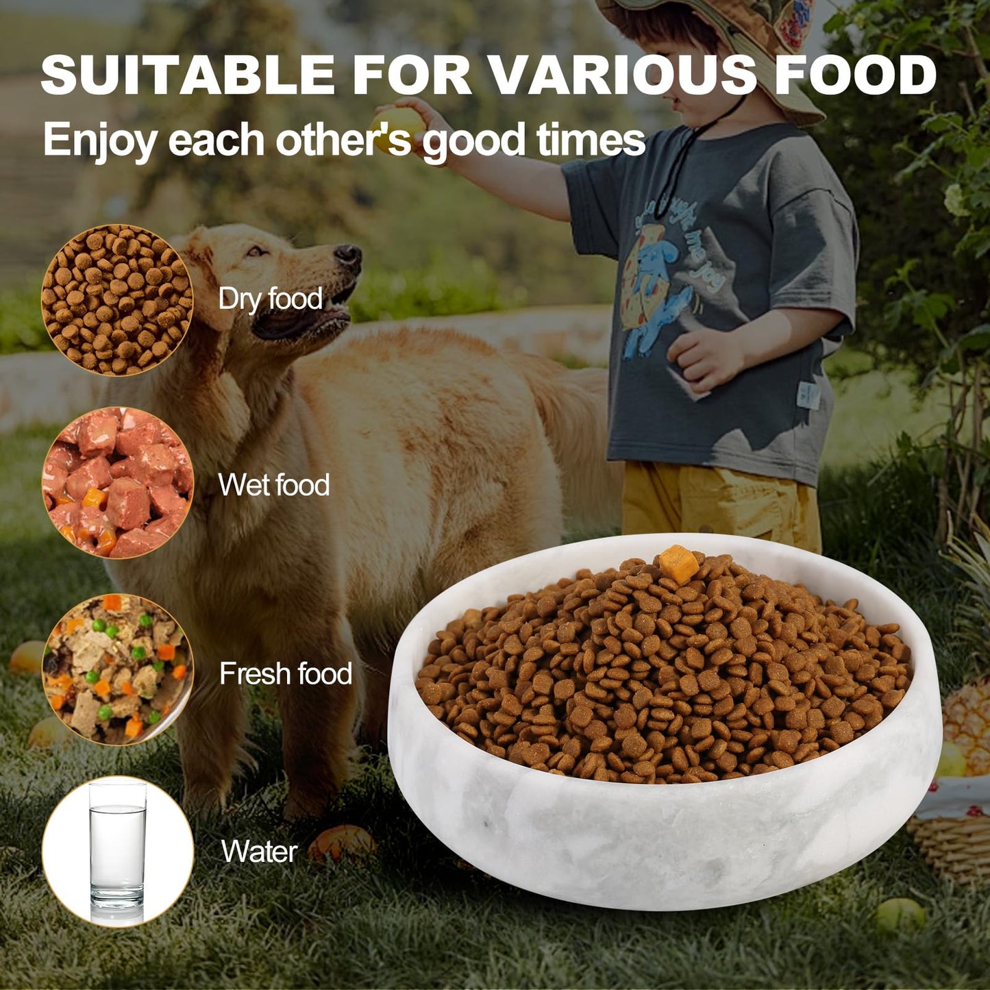 White Marble Dog Bowls, Non-Slip Dog Food Water Bowl Small, Pet Bowl for Cats and Medium Dogs, African Natural Marble, Holds 4 Cups(5lbs)