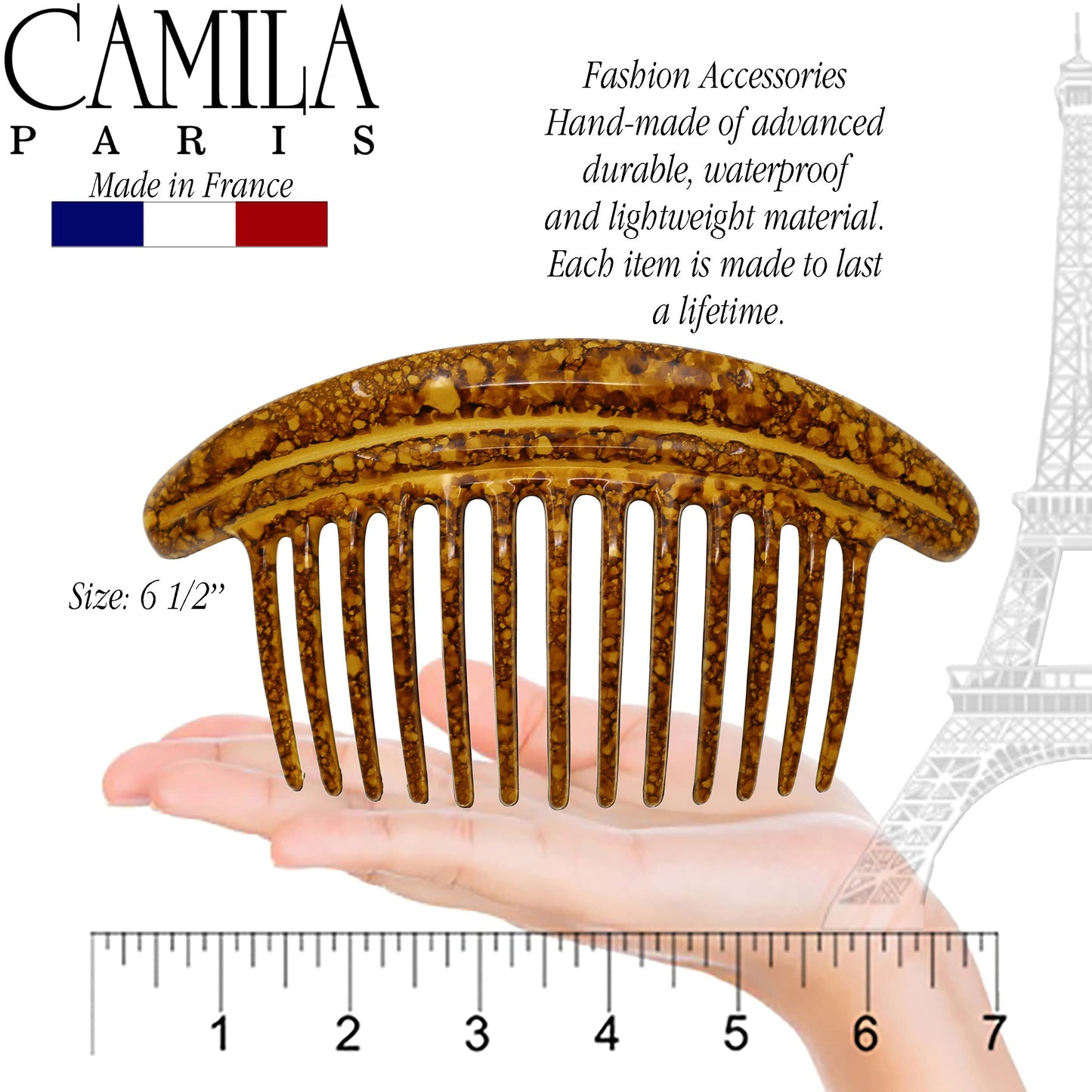 Camila Paris CP3329 French Hair Side Combs Amber Interlocking Combs French Twist Hair Combs, Strong Hold Hair Clips for Women Bun Chignon, Up-Do Styling Girls Hair Accessories Made in France