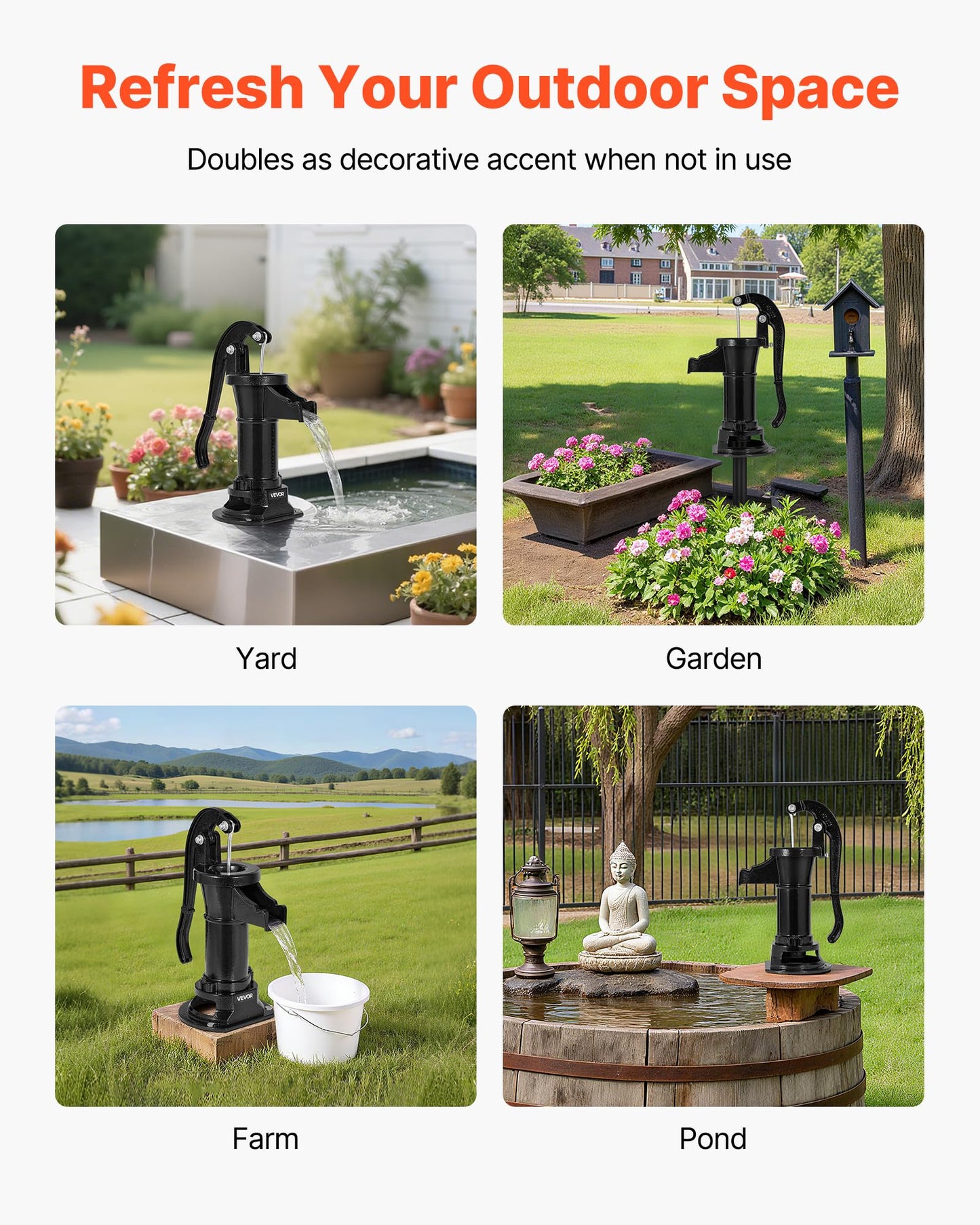 VEVOR Well Hand Pitcher Pump, 25 ft Maximum Lift, Antique Cast Iron Manual Hand Water Pump, NPT 1-1/4 in Connection, Easy Installation, Old Fashioned for Outdoor Garden, Pond, Backyard, Farm, Black