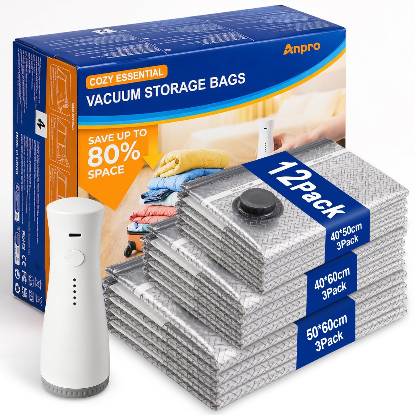 Anpro 12 Pack Vacuum Storage Bags with Electric Pump, 80% Space Saver Compression Bags (4 Jumbo/4 Large/4 Medium) for Clothes, Comforters and Blankets, Vacuum Seal Bags for Travel and Home Storage
