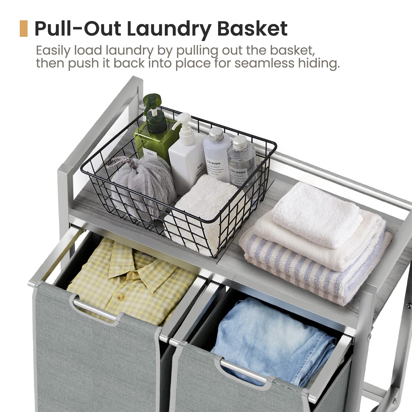 SwaaVee Laundry Hamper Basket, Laundry Sorter with 2 Removable Bags, Clothes Basket with 2 Compartments, Wheels, Shelf for Laundry Room Bathroom Bedroom (2 Bags-Grey)