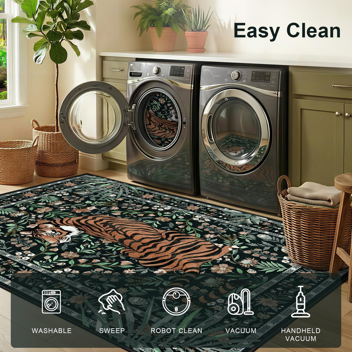 Hroza 5x7 Area Rug for Bedroom Tropical Jungle Tiger Non-Slip Green Rug Kid & Pet Friendly Washable Condo Rugs