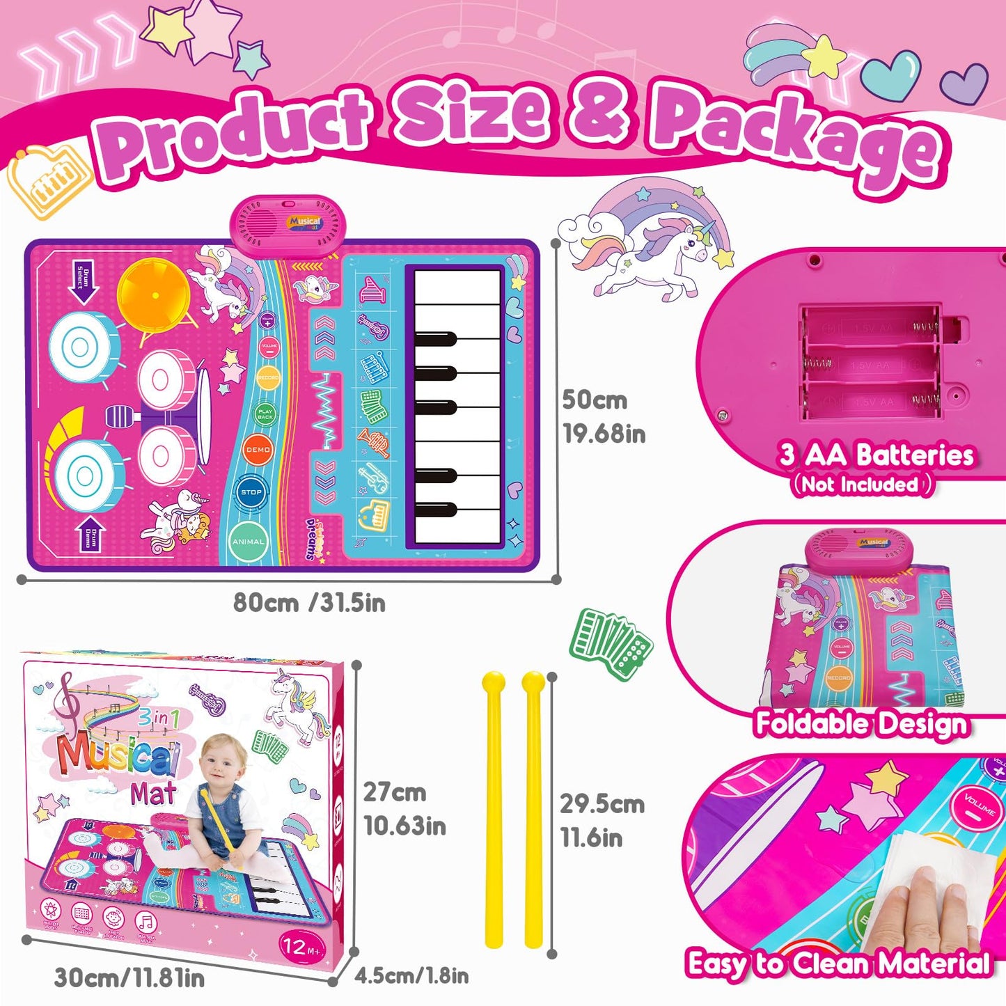 Piano Mat for Toddlers,Baby Kid Sensory Educational Montessori Toys for 1 2 3 Year Old,Baby Play Mat with 19 Sounds and Recordings,Easter Gifts Toys for 1 2 3 Year Old Girls