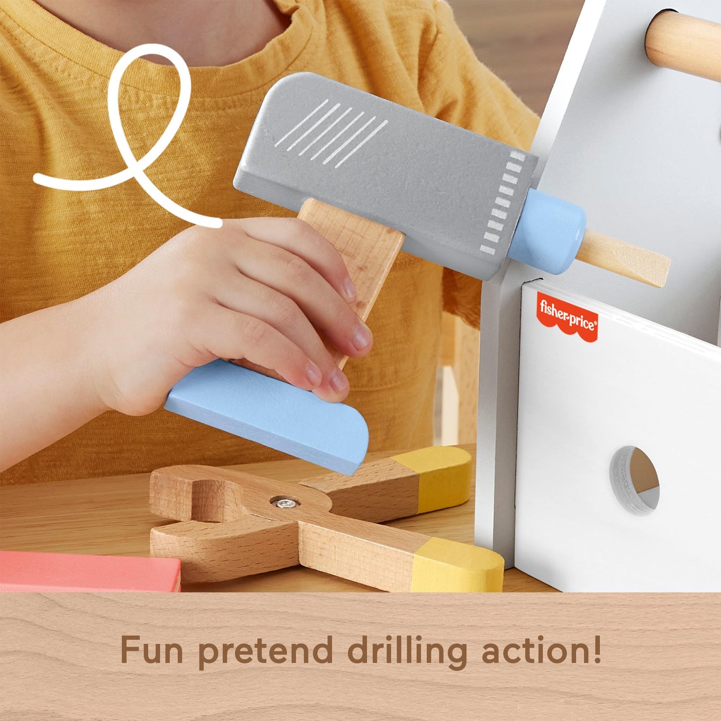 Fisher-Price Wood Pretend Play Toy Tool Box with Drill, 9-Piece Wooden Set for Building Construction Play Preschool Kids Ages 3+ Years