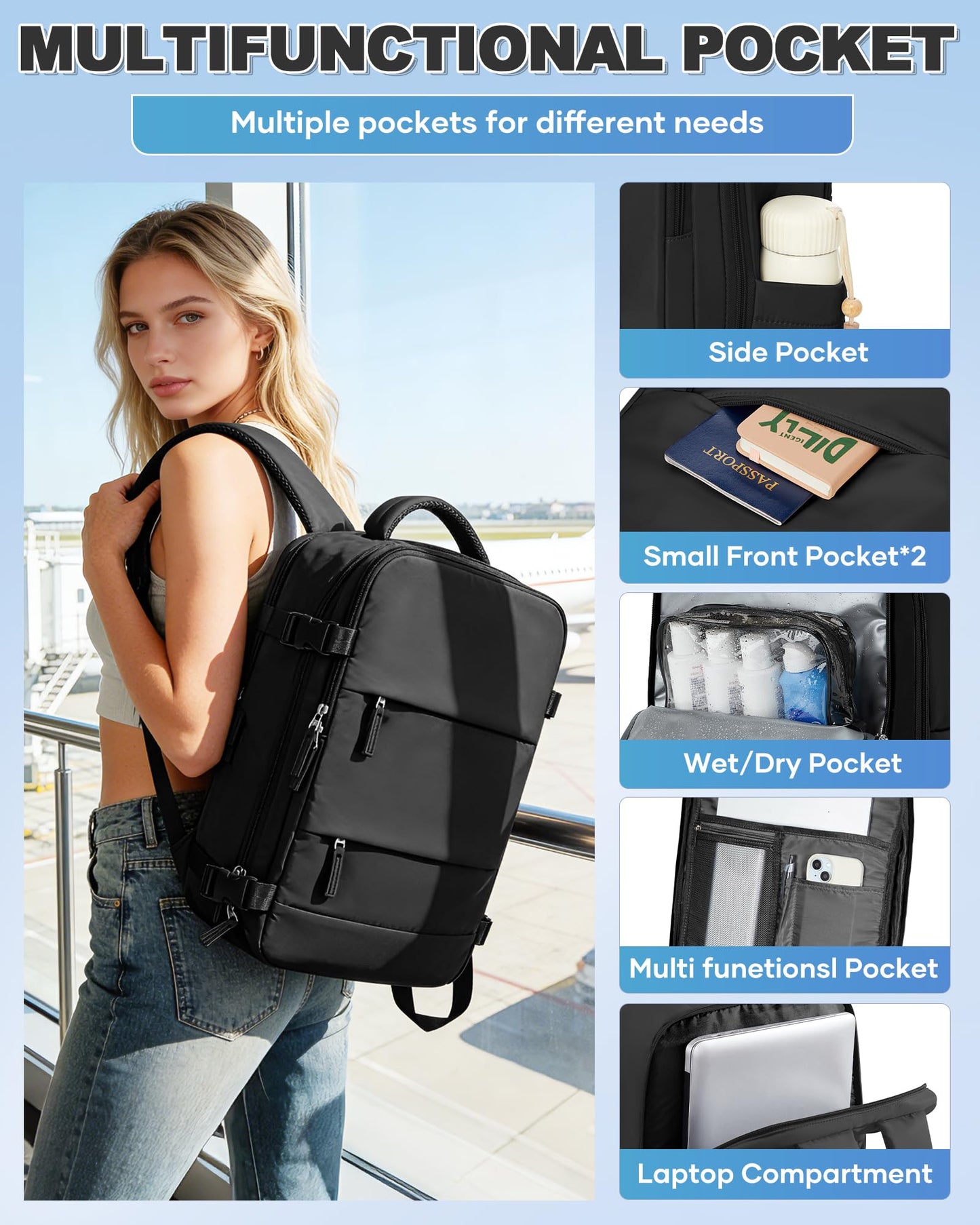 VGCUB Vacuum Backpack Travel with Pump Compression Travel Backpack with Vacuum System Weekender Waterproof Personal Item Bags for Women Men Carry on Luggage for Airplanes Black