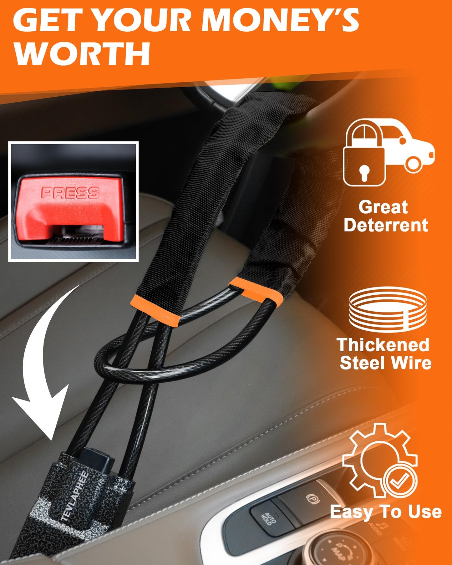 Tevlaphee Steering Wheel Lock Seat Belt Lock Universal Anti Theft Car Device Car Lock Car Theft Prevention with 3 Keys for Car Security Fit Most Vehicles Truck SUV Van (Black)