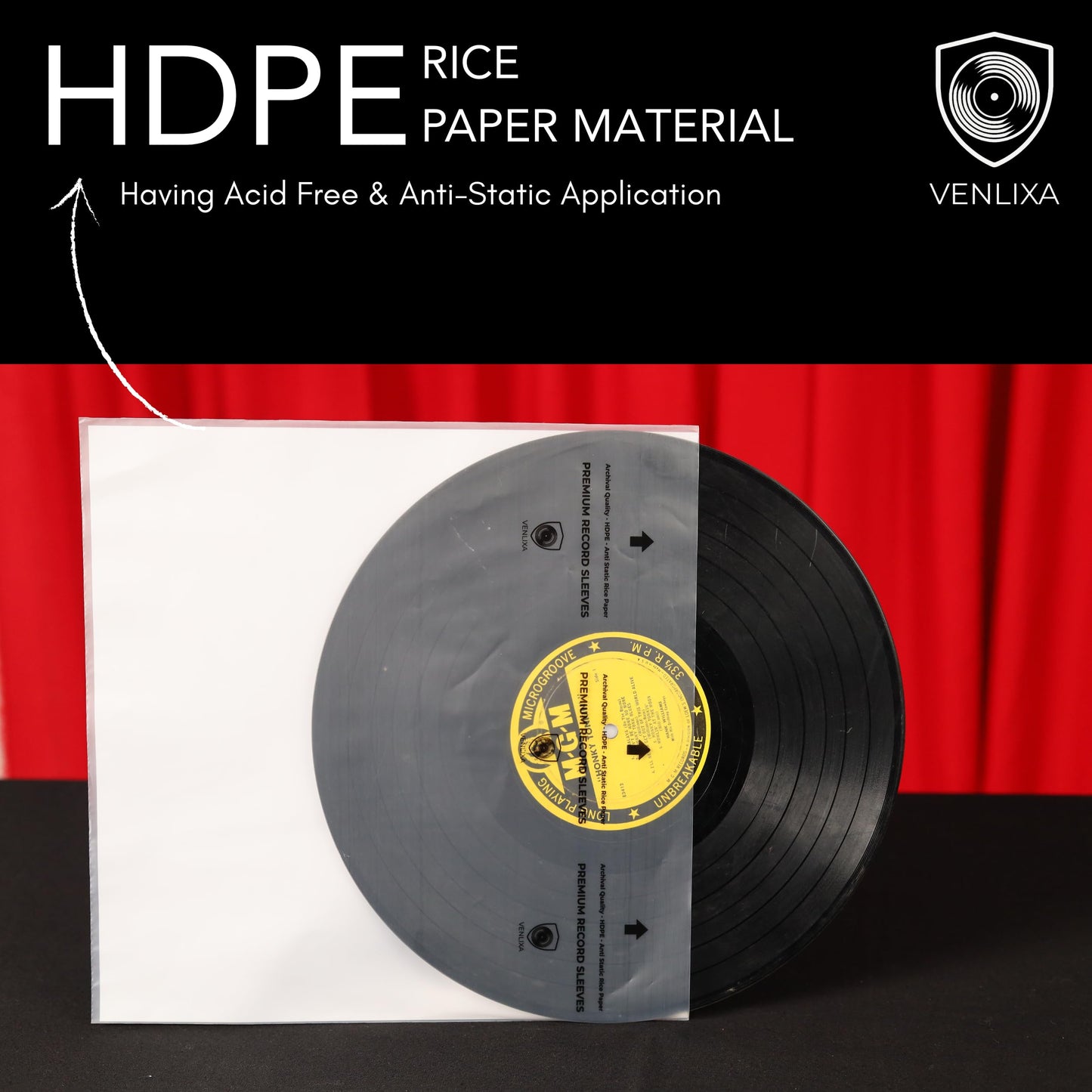 Venlixa 12″ Premium Vinyl Record Inner Sleeves (100 Pack), Anti-Static HDPE Rice Paper LP Covers, Durable Clear Acid-Free Album & Sleeves Protect Records from Moisture, Dust and Scratches
