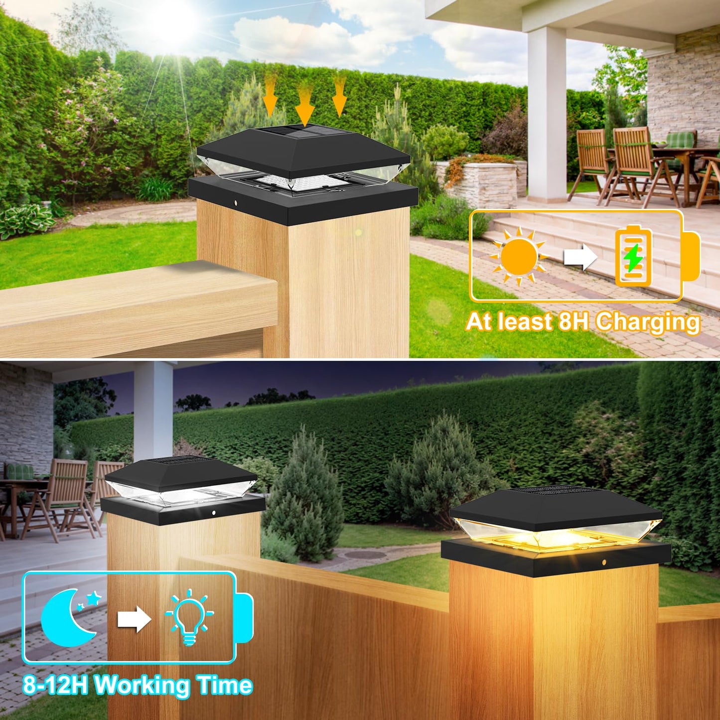 T-SUNUS Solar Post Cap Lights Outdoor 6 Pack, 2 Lighting Modes LED Fence Fit for 4x4 5x5 6x6 Vinyl/Wooden Posts, Waterproof Deck Powered Garden Patio Gate Porch Lights, Black Warm/Cool White