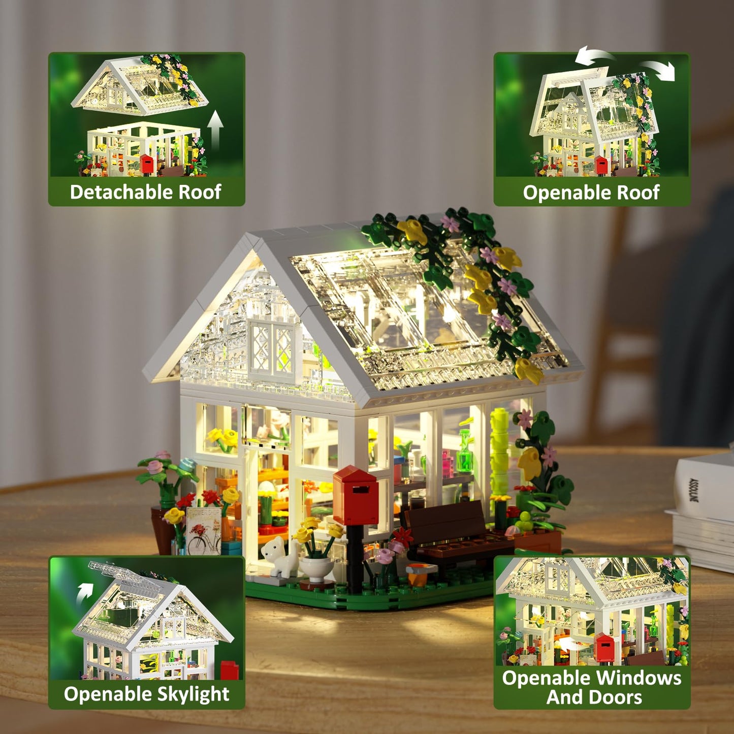 Flower House Building Set, Garden House Building Set with LED Light, Creative Building Playset, Build Beautiful Greehouse Model,Great Toys for Friends and Girls (597 Pieces)