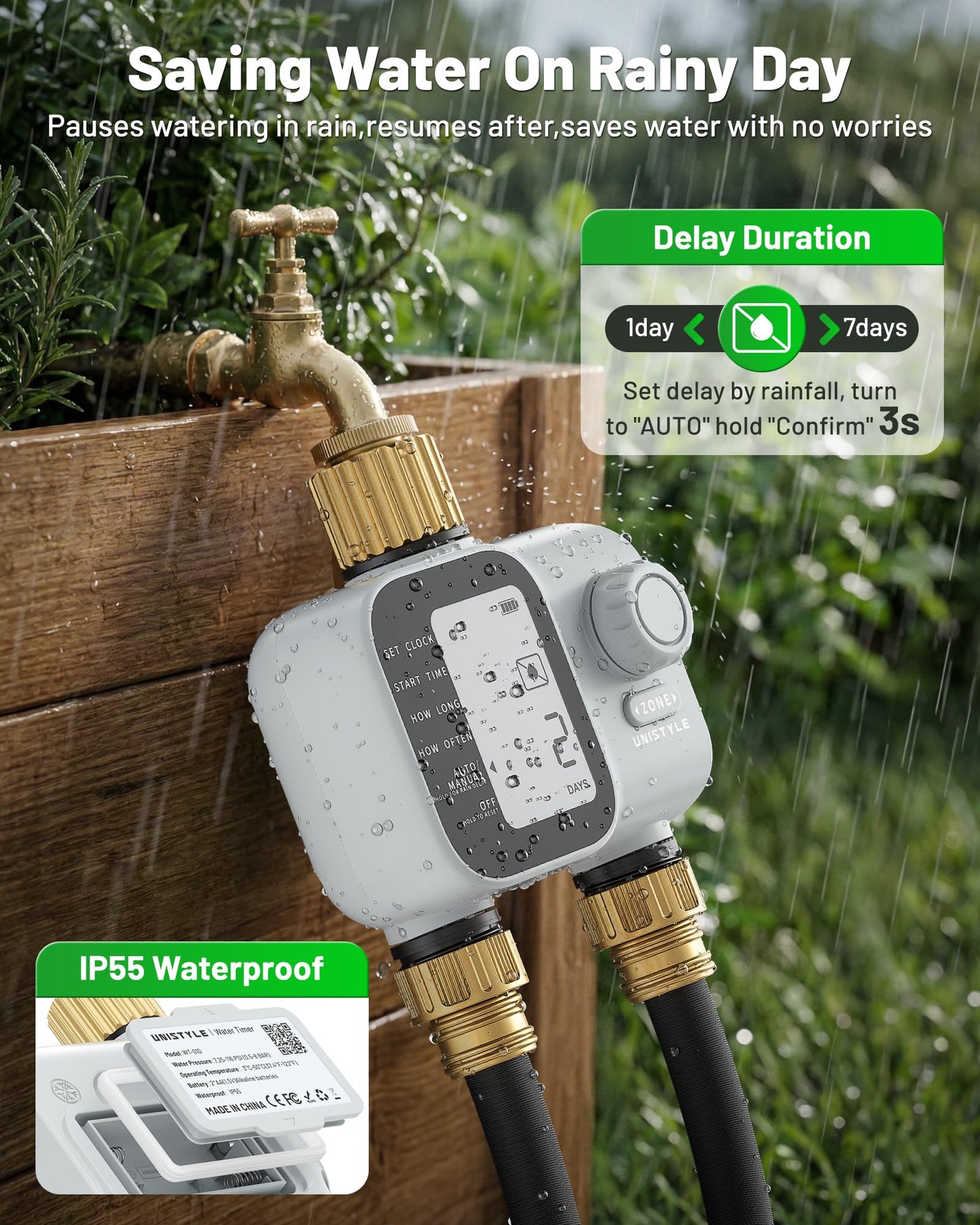 2027 New Upgrade Sprinkler Timer 2 Zone with Brass Inlet, Unistyle Water Timer for Garden Hose with Rain Delay and Manual Water/Automatic Irrigation, Hose Timers for Yard and Lawn Patio