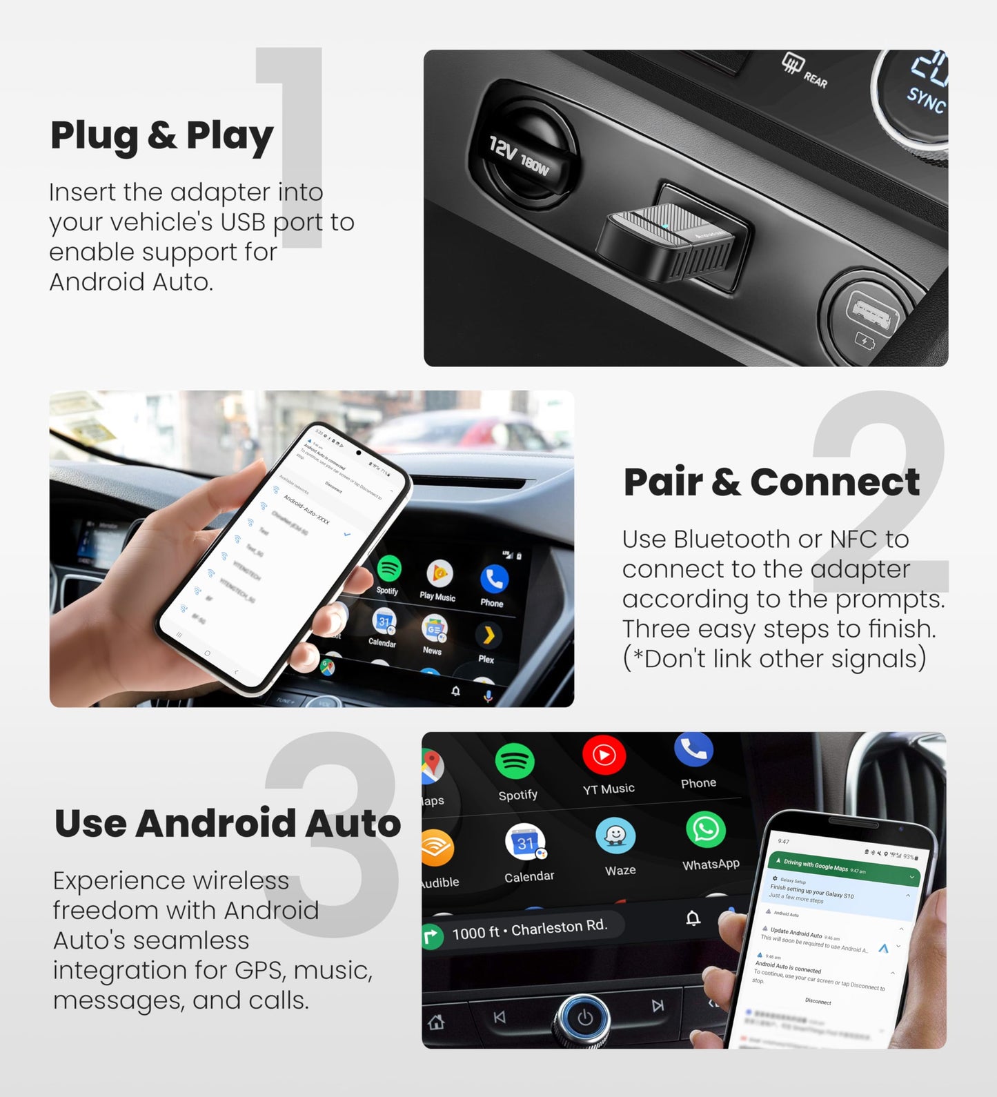 ByteWave Android Auto Wireless Adapter, 2025 NFC & Bluetooth5.3 Convert Wired to Wireless Android Auto Car Adapter, USB-C/A Mini Car Dongle Compatible for Android 12+ & 2016+ Cars, Plug & Play - Black