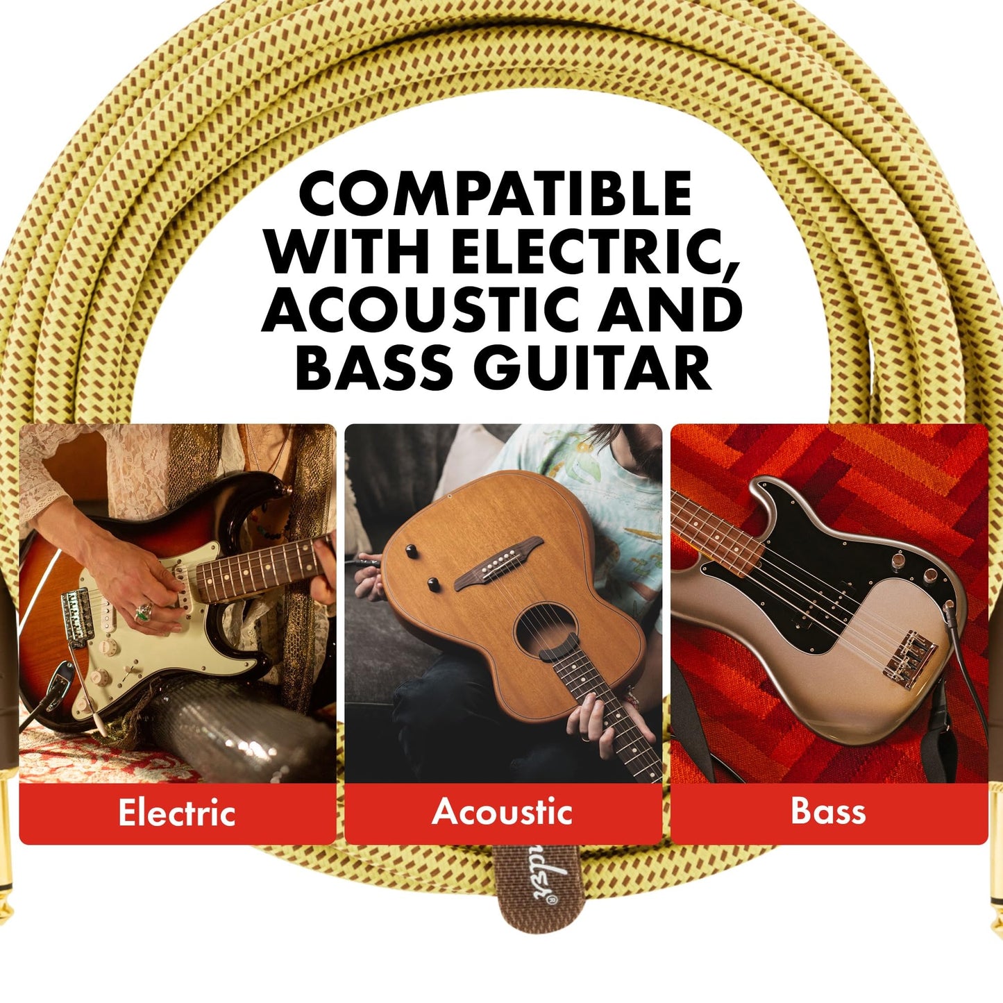 Fender Deluxe Series Instrument Cable, Guitar Cable, Guitar Accessories, Straight/Angle, Tweed, 18.6ft