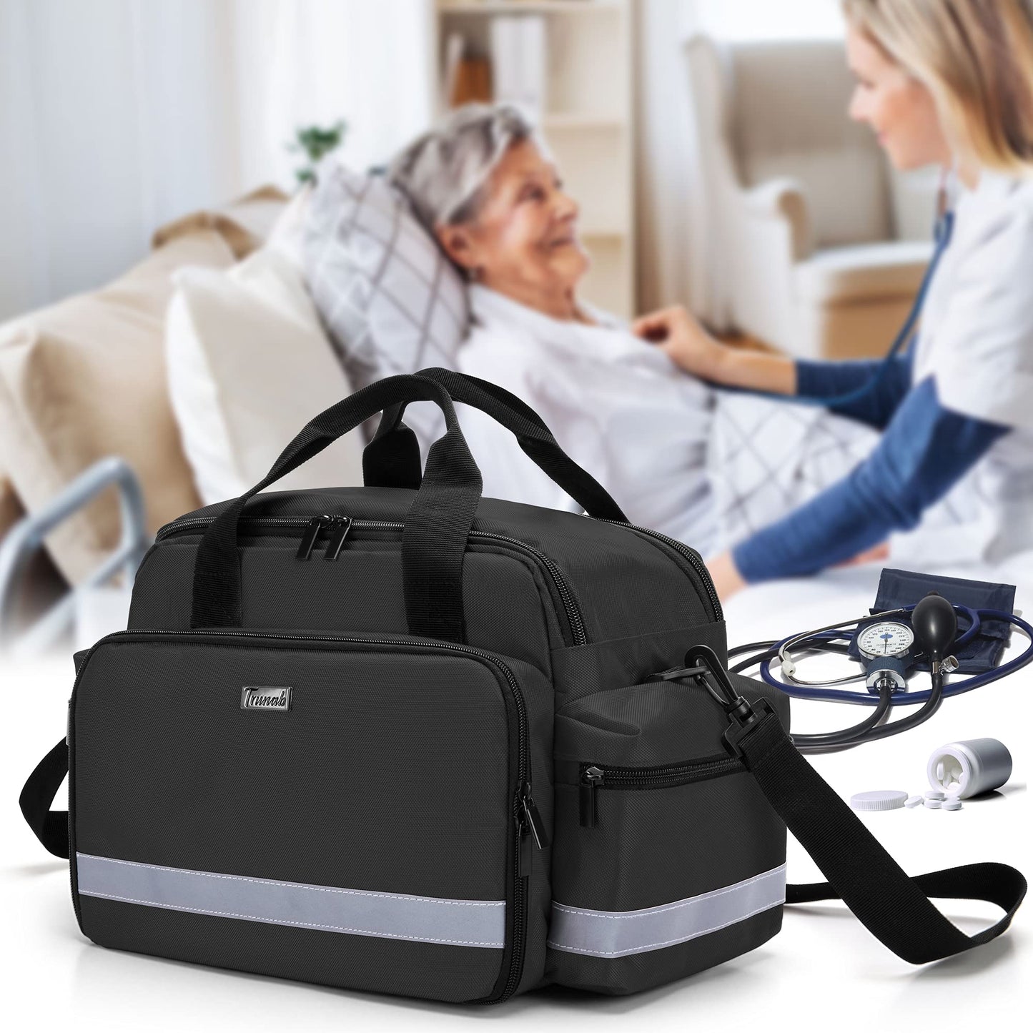 Trunab Medical Supplies Bag, Nurse Bag with Handle and Shoulder Strap for Home Health Care, Hospice Visit, Travel, or Emergency Event, Black (Patented Design)