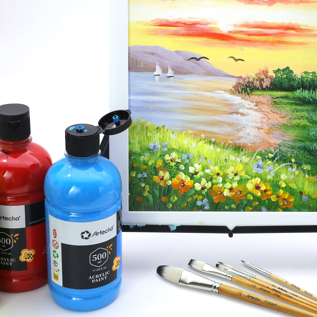 Artecho Acrylic Paint Set 12 Colors 500ml / 16.9oz Bottle, Art Craft Paint for Art Supplies, Paint for Canvas, Rocks, Wood, Ceramic, Non Toxic Paint for Artists, Beginners and Adults