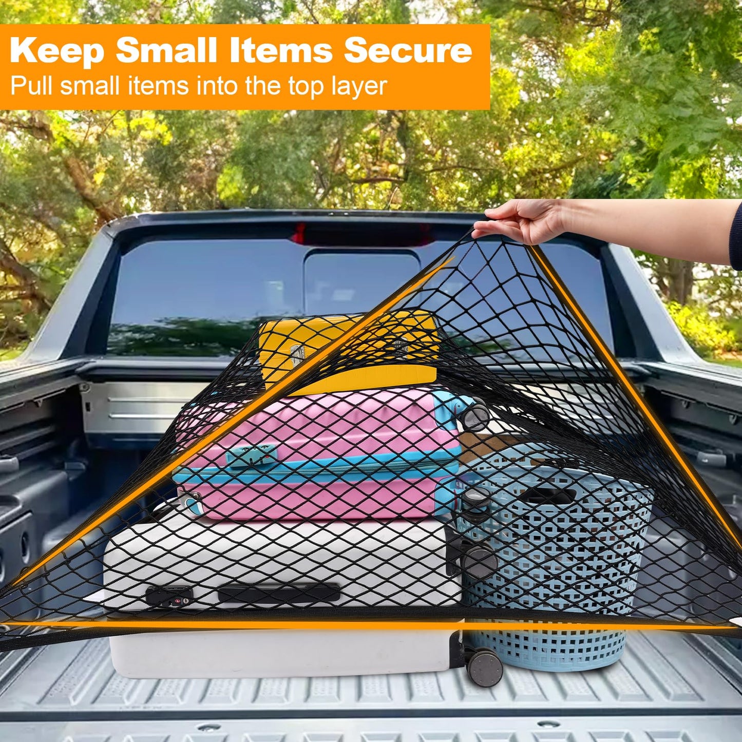 Cargo Net for Pickup Truck Bed, Double-Layer Elastic Cargo Net Stretchable Mesh Organizer for Pickup, Suitable for Daily Light Loads of Trucks, Up to 2X Elastic from 4x4 FT Stretches to 7x7 FT