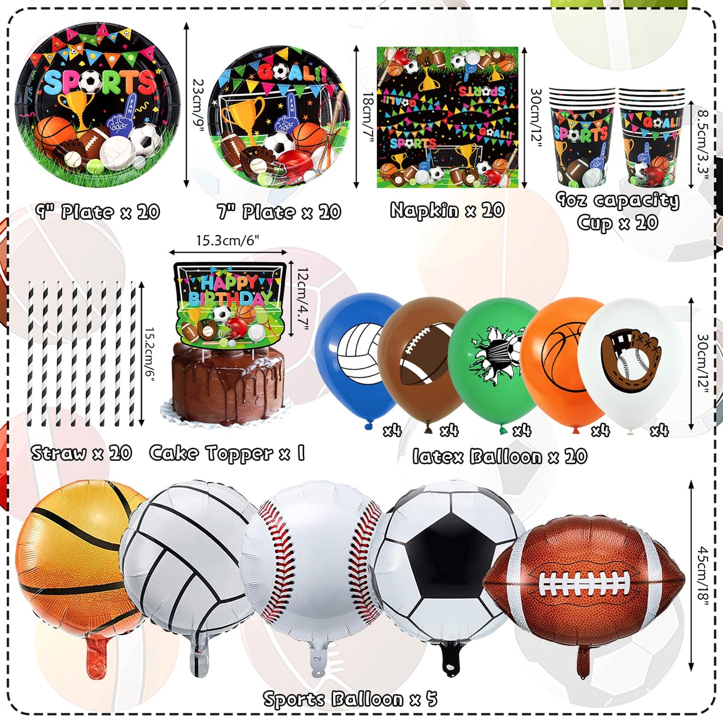 Sports Theme Birthday Party Decorations - Including Happy Birthday Banner, Tablecloth, Tableware and Balloons, Soccer Basketball Baseball Football Theme Party Supplies for Kids and Adult, Serves 20