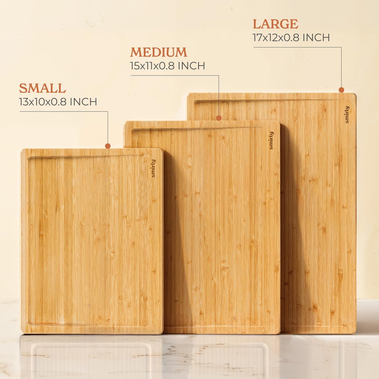 SMIRLY Bamboo Cutting Boards for Kitchen - Wood Cutting Board for Meal Prep, Serving, Charcuterie - Kitchen Gadgets, House Warming Gifts - Wooden Chopping Board Set of 3 - Natural Bamboo