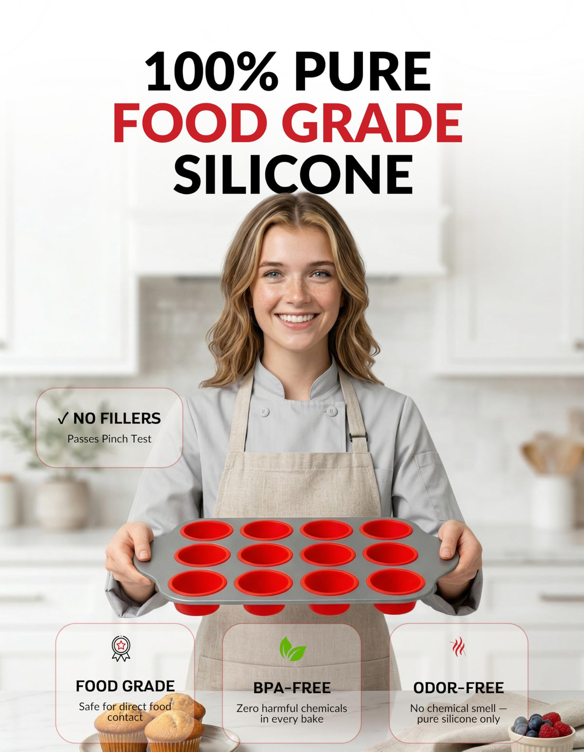 Non-Stick 12 Cup Silicone Muffin Pan with Steel Frame - BPA Free Non-Toxic Cupcake Pan with Easy-Release Textured Surface, Ergonomic Handles, Oven Freezer and Dishwasher Safe Bakeware