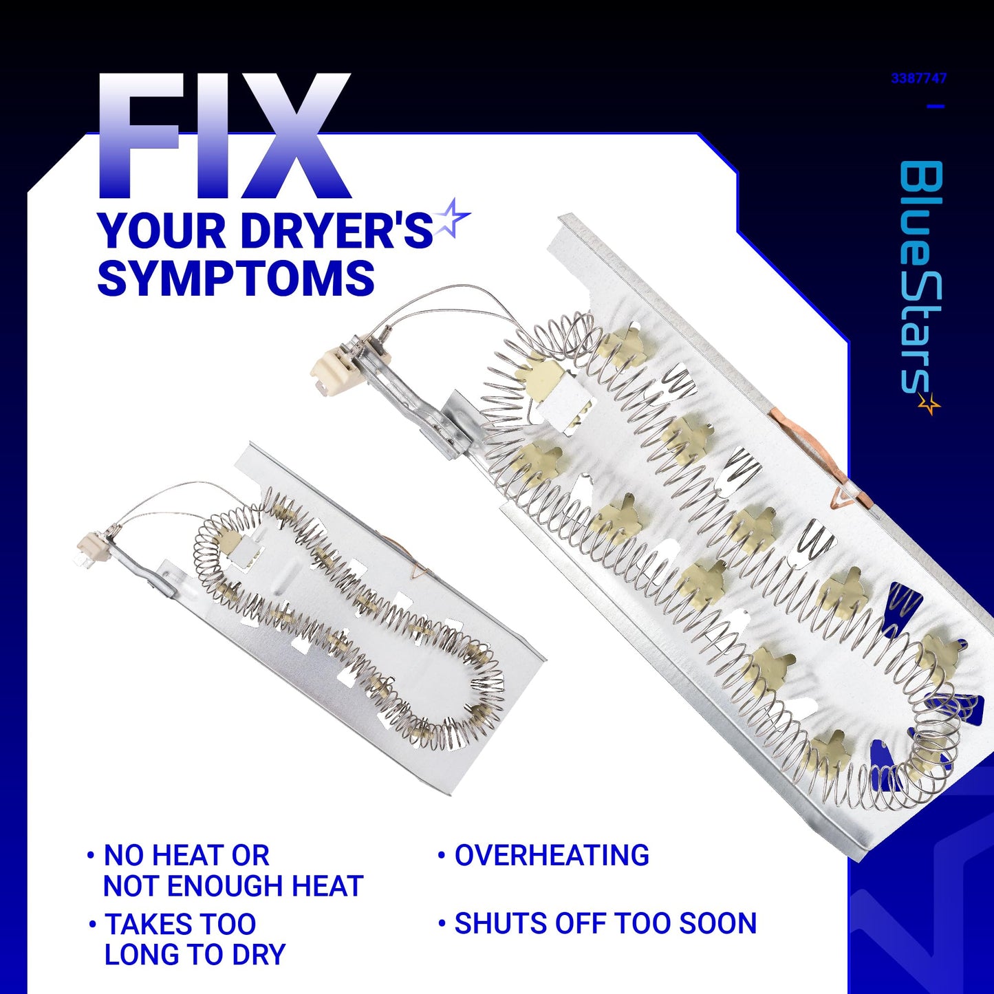 BlueStars 3387747 WP3387747 Dryer Heating Element for Whirlpool MEDB835DW4 GEW9250PW1 GEW9250PW0 GEW9200LW1 WED5100HW1 WED8300SW2 MED6230HW1 and Maytag KitchenAid Dryers Replaces W11344457 PS11741416