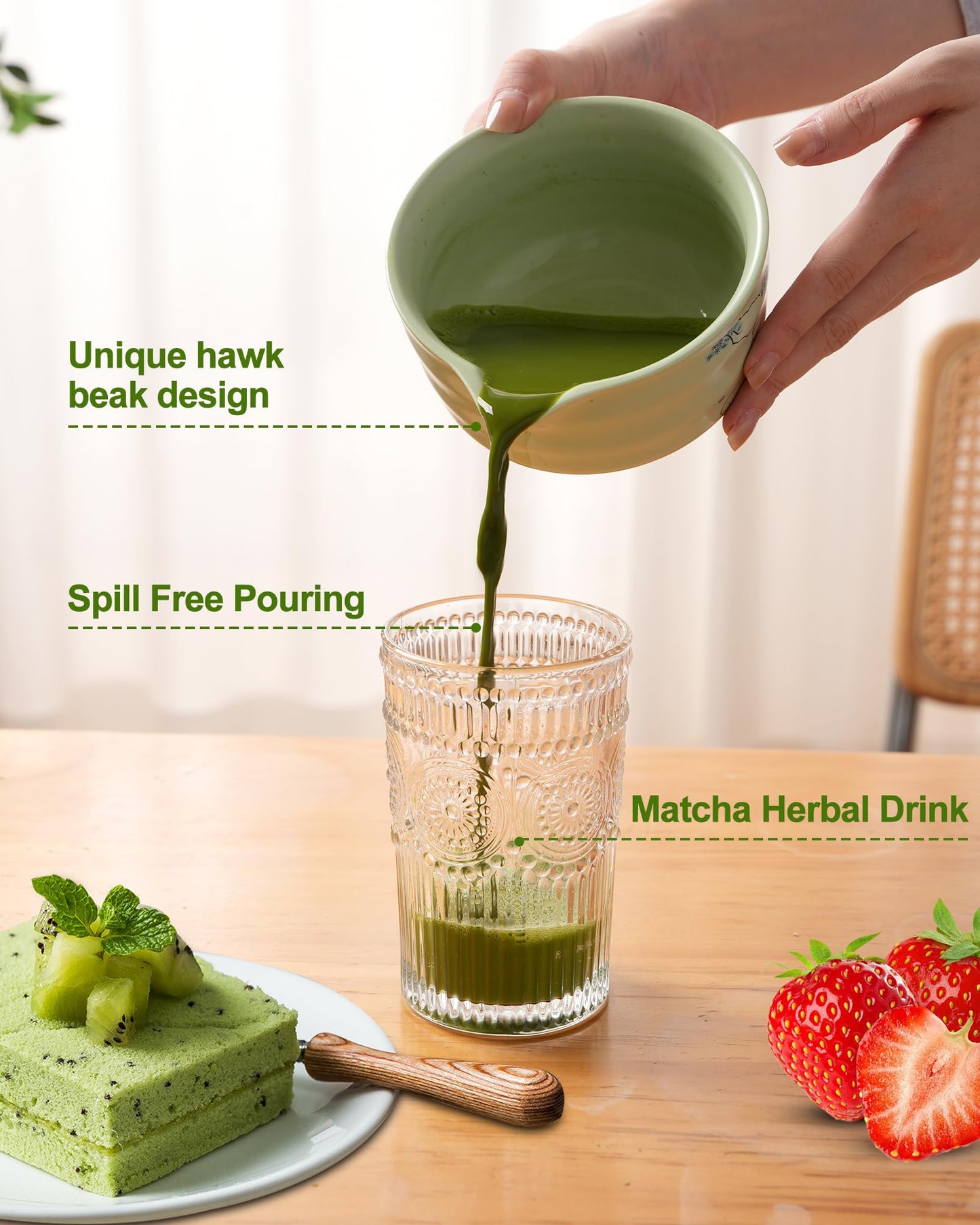 Matcha Whisk Set 7 Pcs – Japanese Tea Ceremony Kit with Bamboo Chasen, Ceramic Bowl, Scoop, Spoon & Sifter, Traditional Matcha Tea Set for Making Authentic Green Tea (Green)