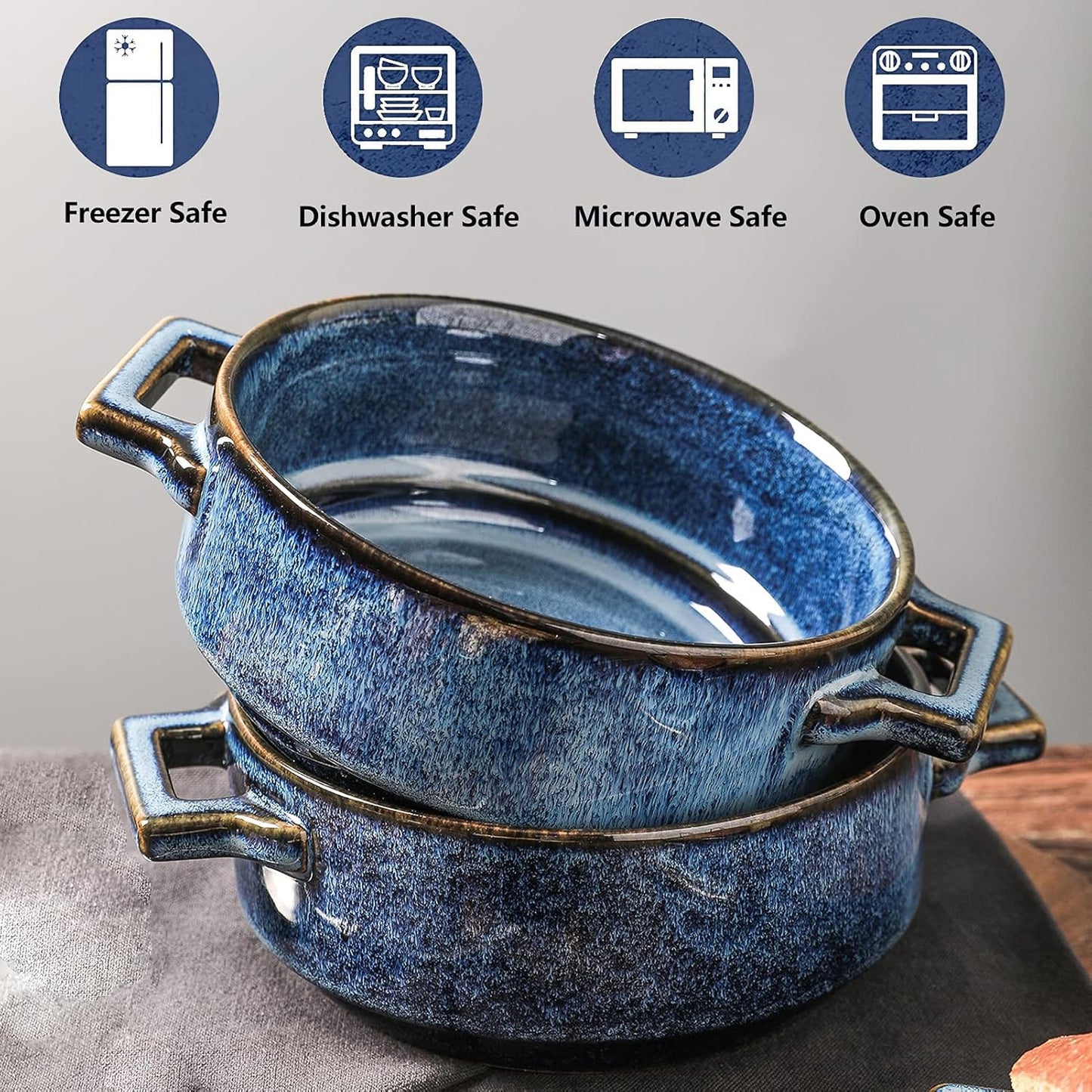 Vicrays Ceramic Soup Bowls with Handles, 24 Oz Porcelain Soup Bowls for French Onion Soup, Cereal, Beef Stew, Chill, Pasta, Pot Pies, Microwave and Oven Safe, Set of 4 (Blue)
