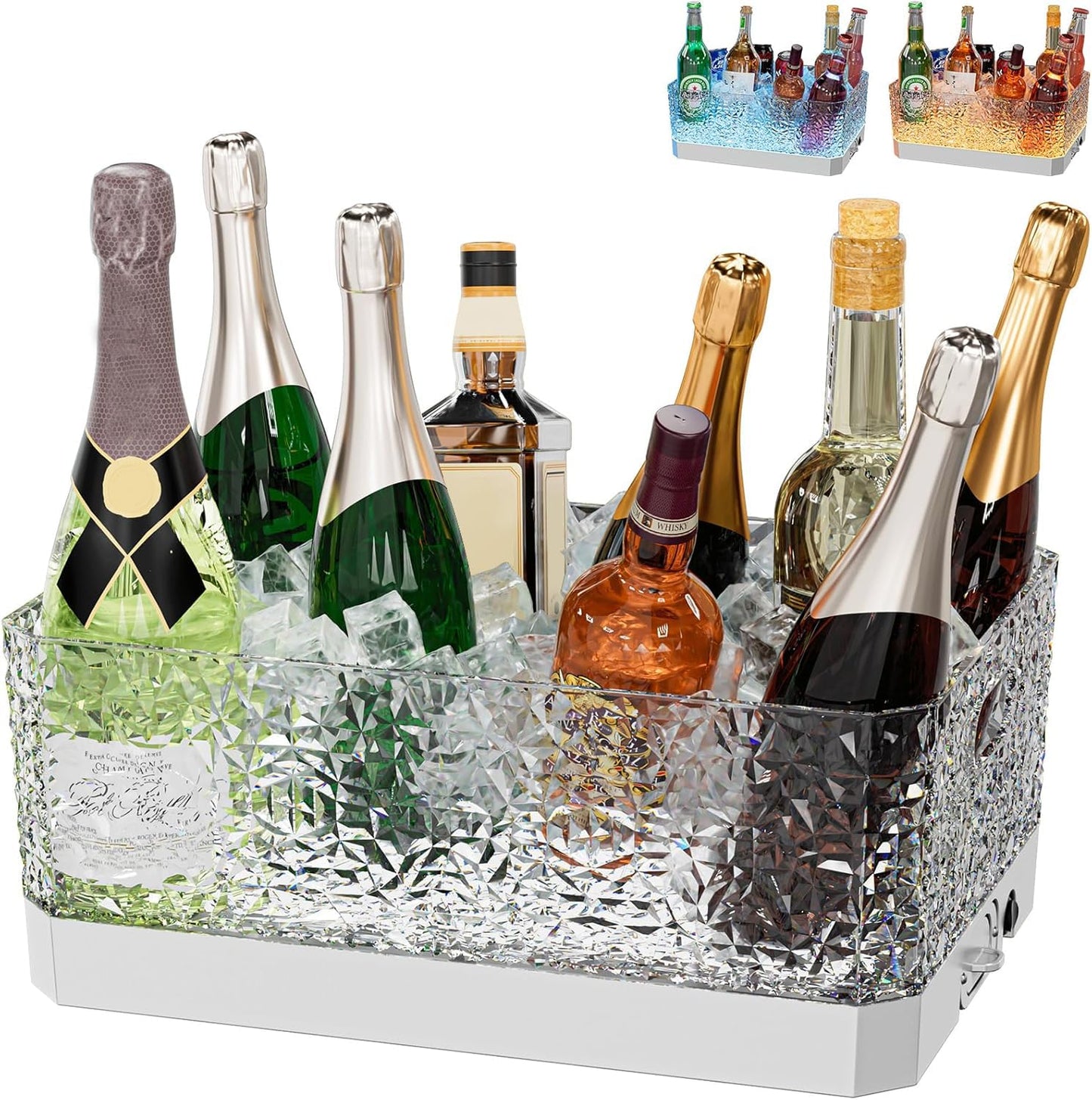 Plastic Ice Bucket for Parties, 15L Extra Large Clear Beverage Tub for Champagne Beer Drink Wine Cocktails, LED Light Up, Leakproof