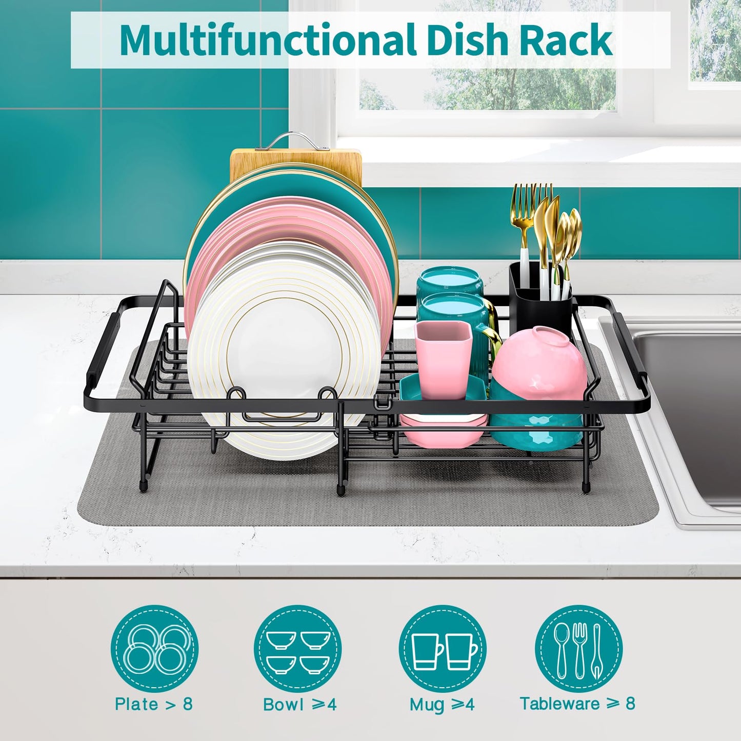 Urackify Expandable Dish Drying Rack Over The Sink, Adjustable Dish Rack in Sink, Rustproof Dish Drainer for Kitchen Counter, Dish Strainer with Utensil Holder, 13.07" ~ 21.2" X 11.2" X 3.2", Black
