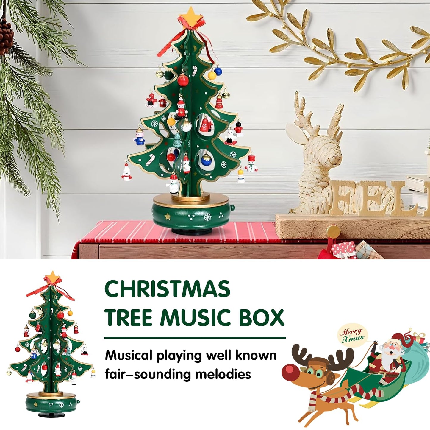 Christmas 24 Days Countdown Advent Calendar 2025, Musical Wooden Christmas Tree with Classic Music Box and 24 Pcs Snowman Santa Ornaments, Christmas Gifts