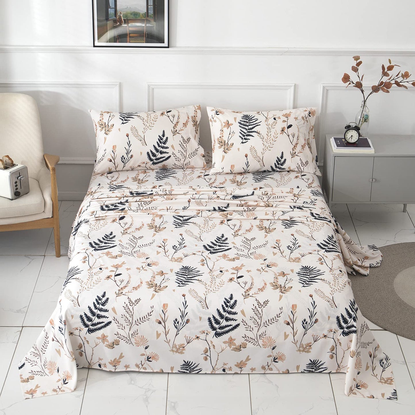 JSD Blush Pink Floral Print Sheet Set Queen 6 Piece, Soft Botanical Ferns Pattern Microfiber Sheets Deep Pocket