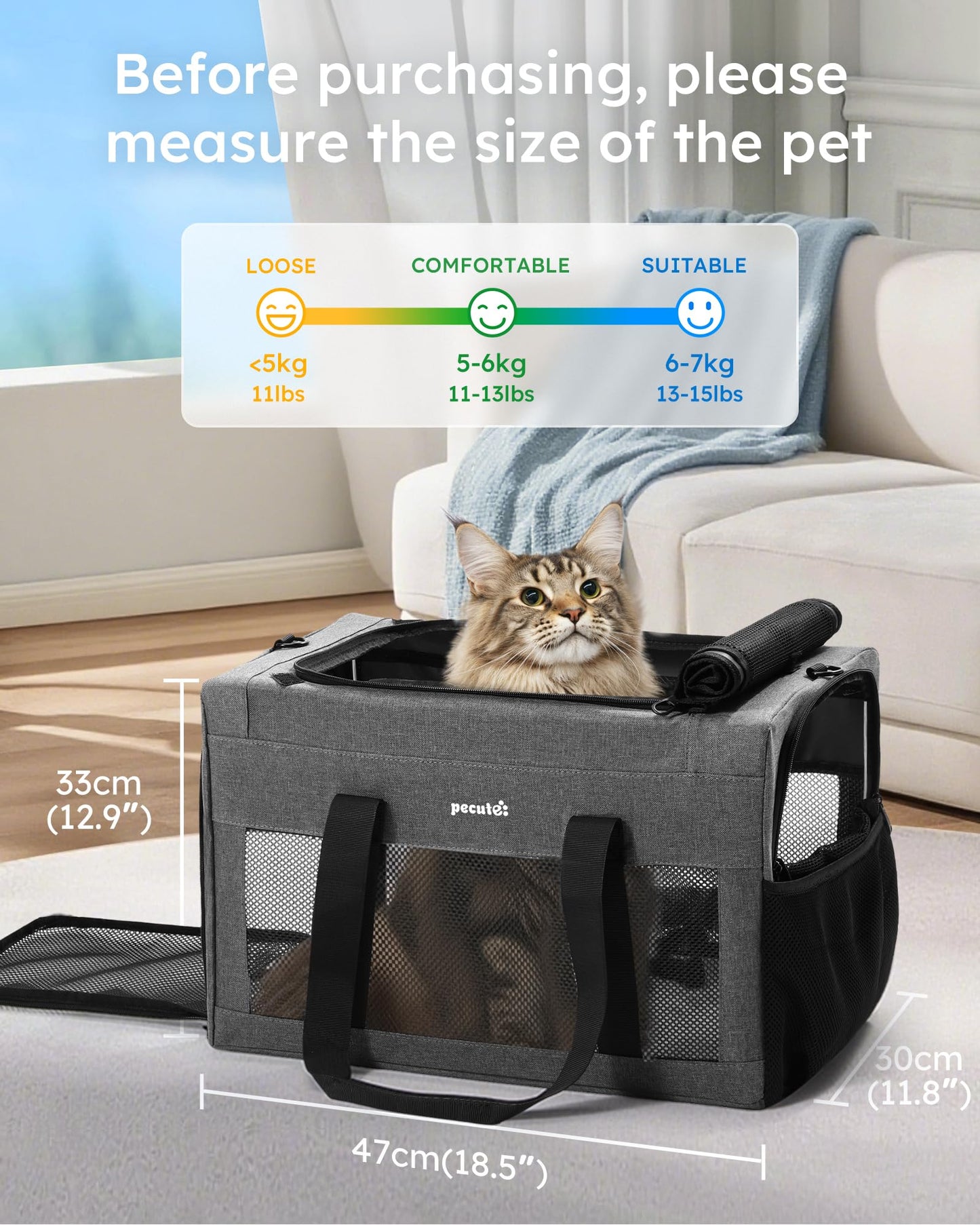Pecute Cat Carrier 47 * 30 * 33cm, Thickened 5mm Steel Wire Frame, Stable Dog Carrier for Small Dogs, Breathable Foldable Pet Carrier with Sunshade, Suitable for Pets up to 7kg/15lbs (Gray),XL