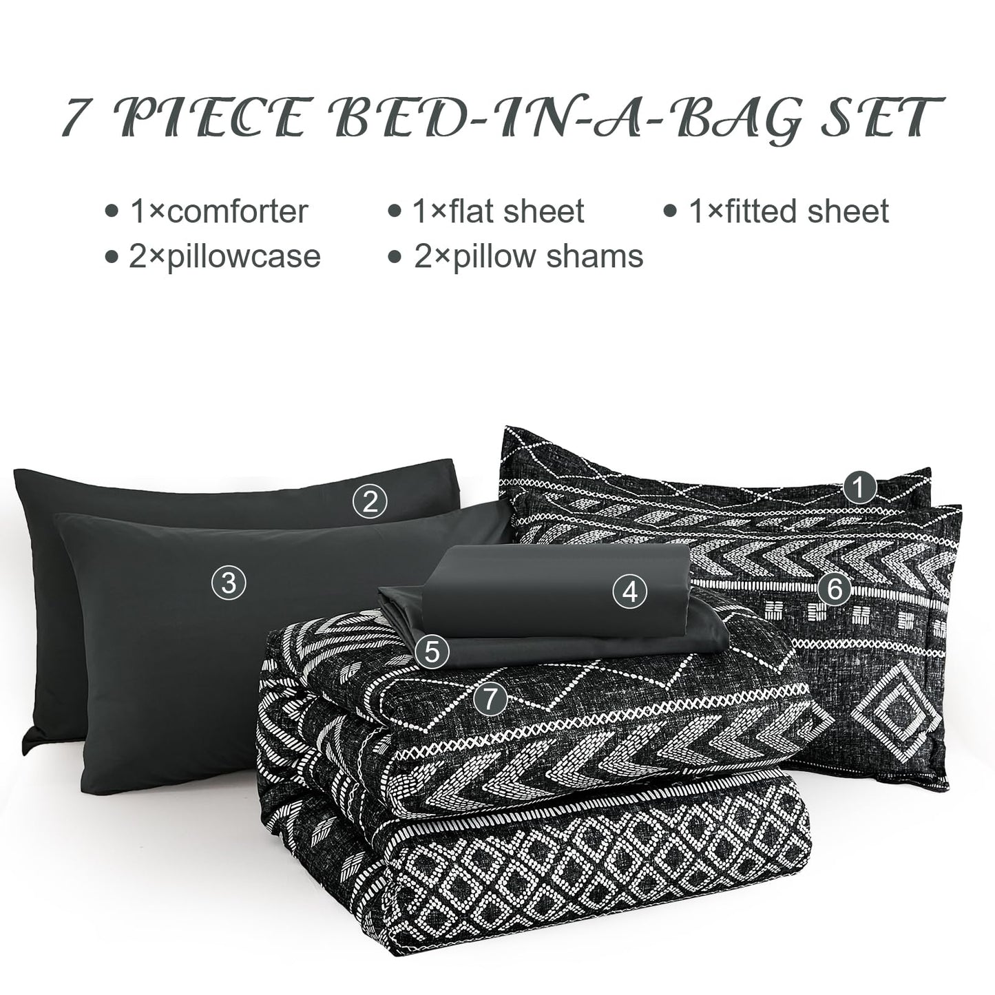 Yiran Black Comforter Set Queen Size, Boho Aztec Comforter Bedding Set, 7 Piece Bohemian Summer Bed in a Bag, Soft Microfiber Striped Complete Bedding Set with Sheets for All Season