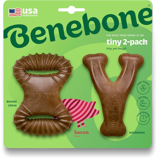 Benebone Tiny 2-Pack Dog Chew Toys, Made in USA, Real Bacon Flavor, Small