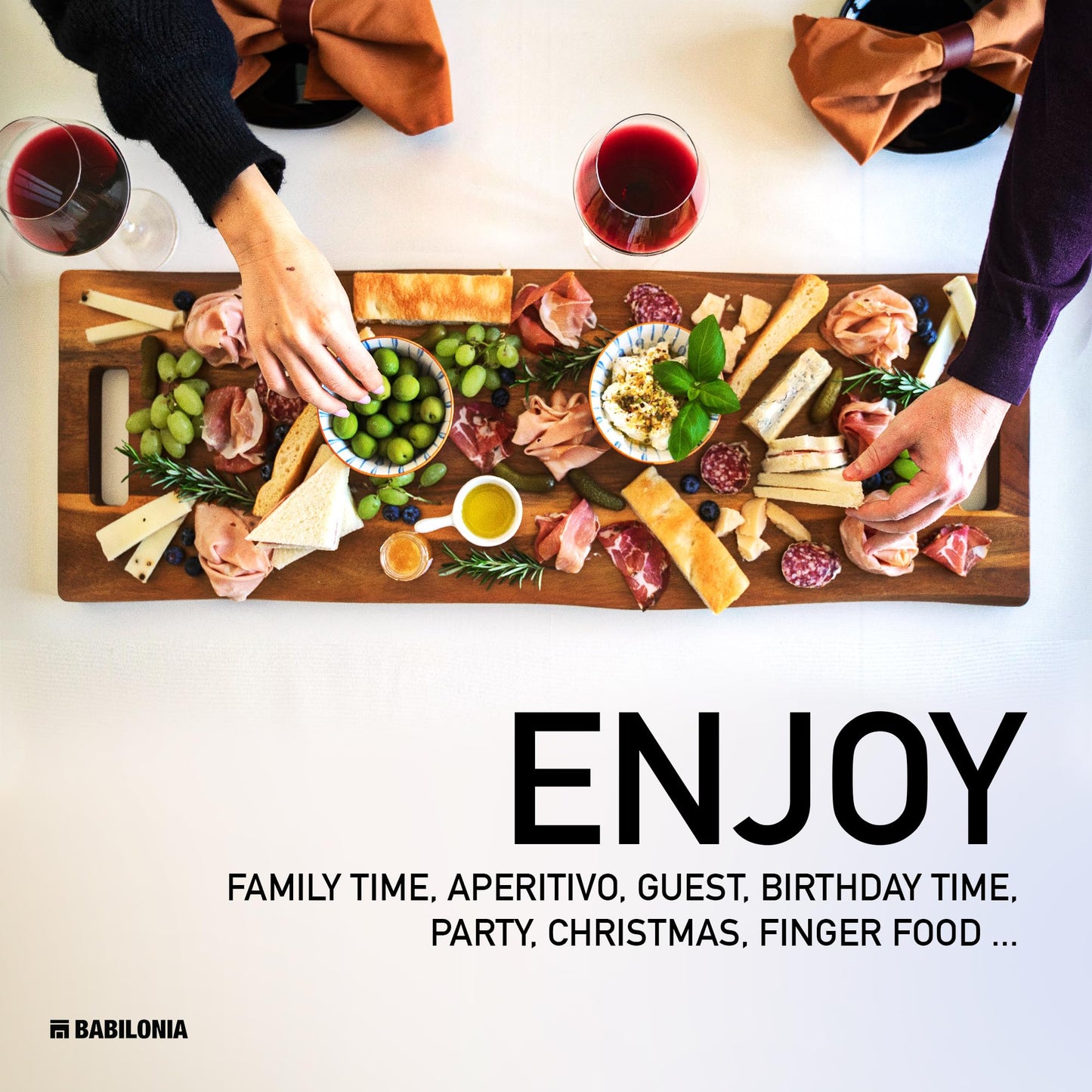 Babilonia Extra Large Charcuterie Board with Handles, 36 x 12 Inch Premium Acacia Wood Tray, Reversible Long Wooden Serving Platters for Meat, Cheese, and Party Appetizers