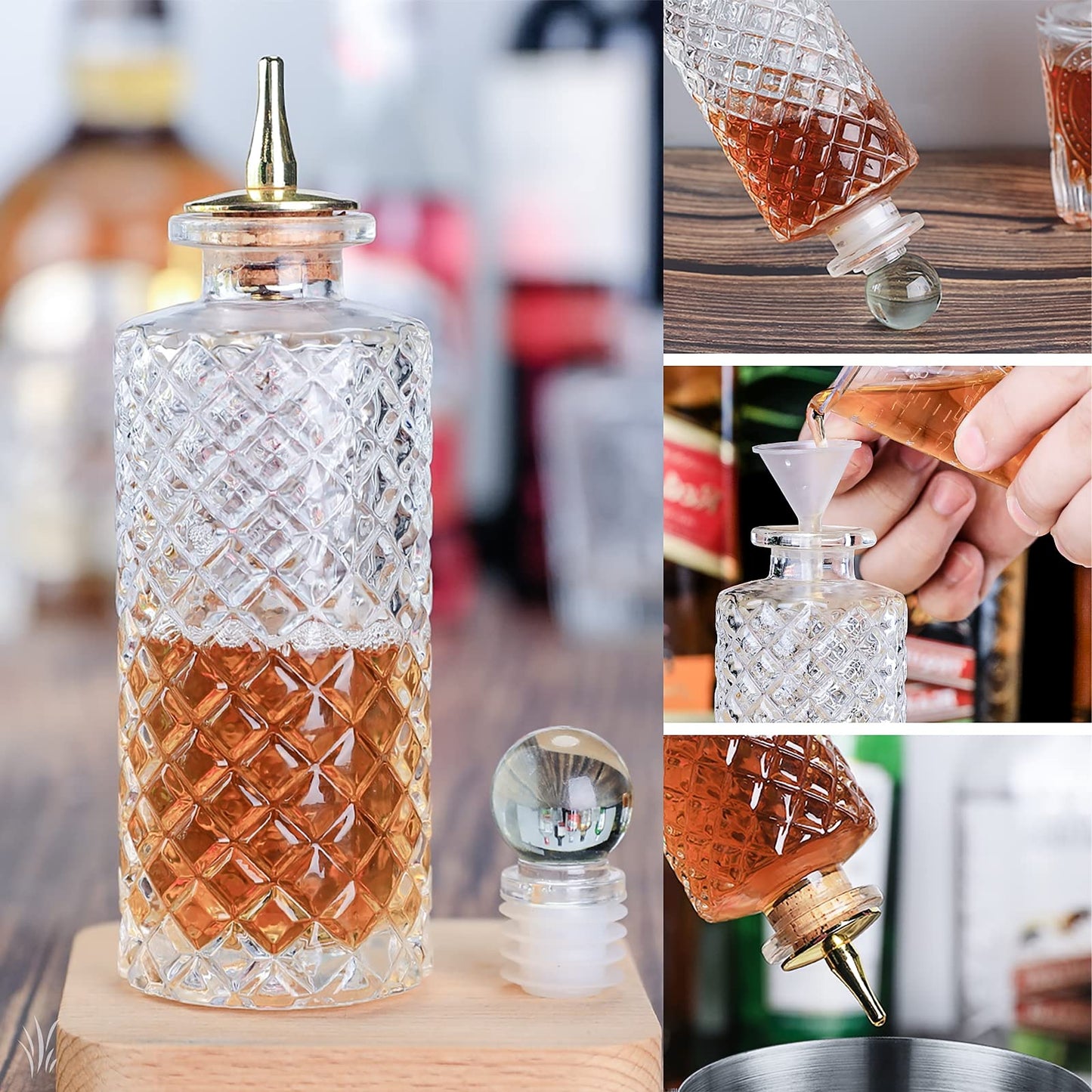 Bitters Bottle Set of 6 - Glass Dasher Bottles to Store and Dash Cocktail Bitter Ingredients Dispenser Bottles with Dash Top and Stoppers with Tray