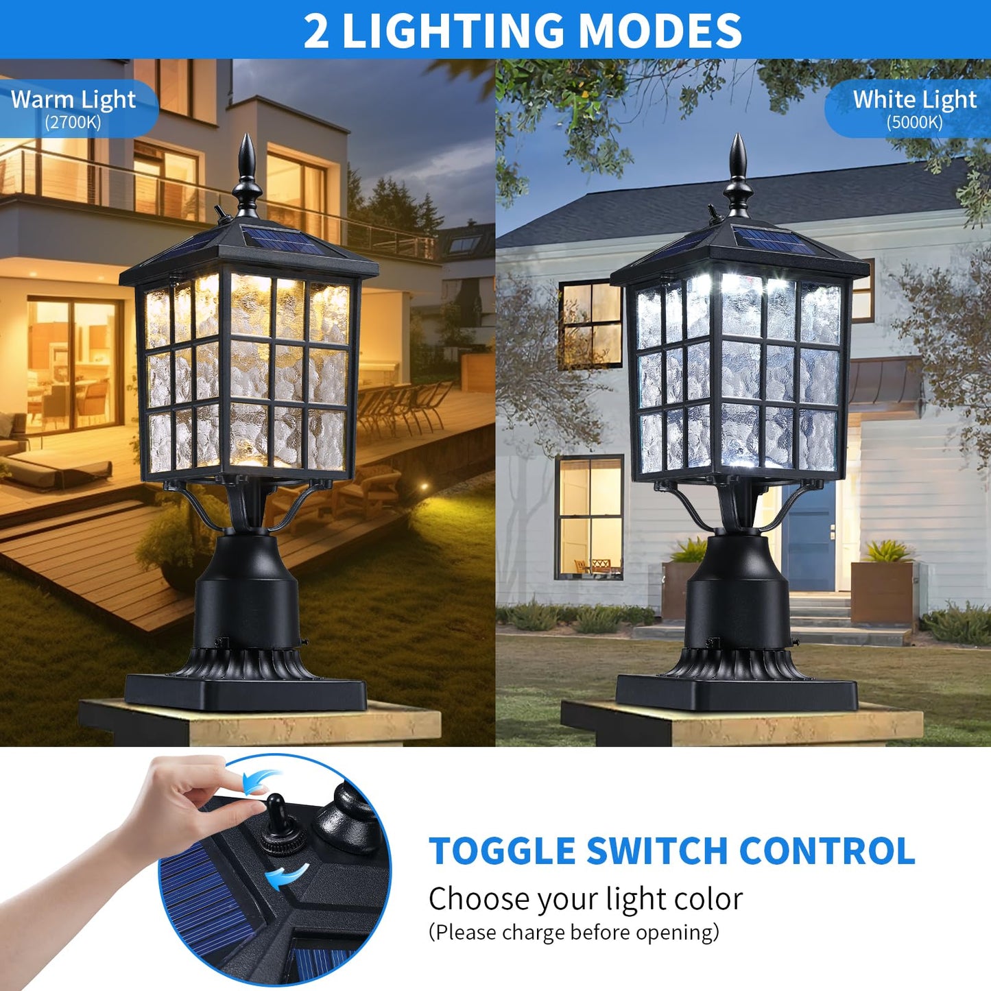 YSN 16.5" Solar Post Lights Outdoor, Dusk to Dawn Outdoor Post Lights Solar Lamp Post Light, Black Solar Pole Light Outdoor with Base, Waterproof Solar Light Posts for Outside Yard Garden, 1 Pack
