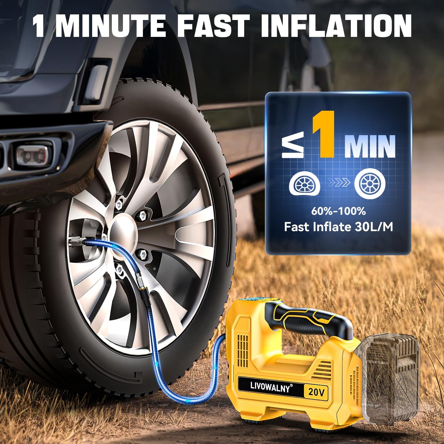 LIVOWALNY Cordless Tire Inflator Air Compressor Compatible with Dewalt 20V Max Battery, Portable Handheld Air Pump with Digital Pressure Gauge for Cars Motorcycles(Battery Not Included)
