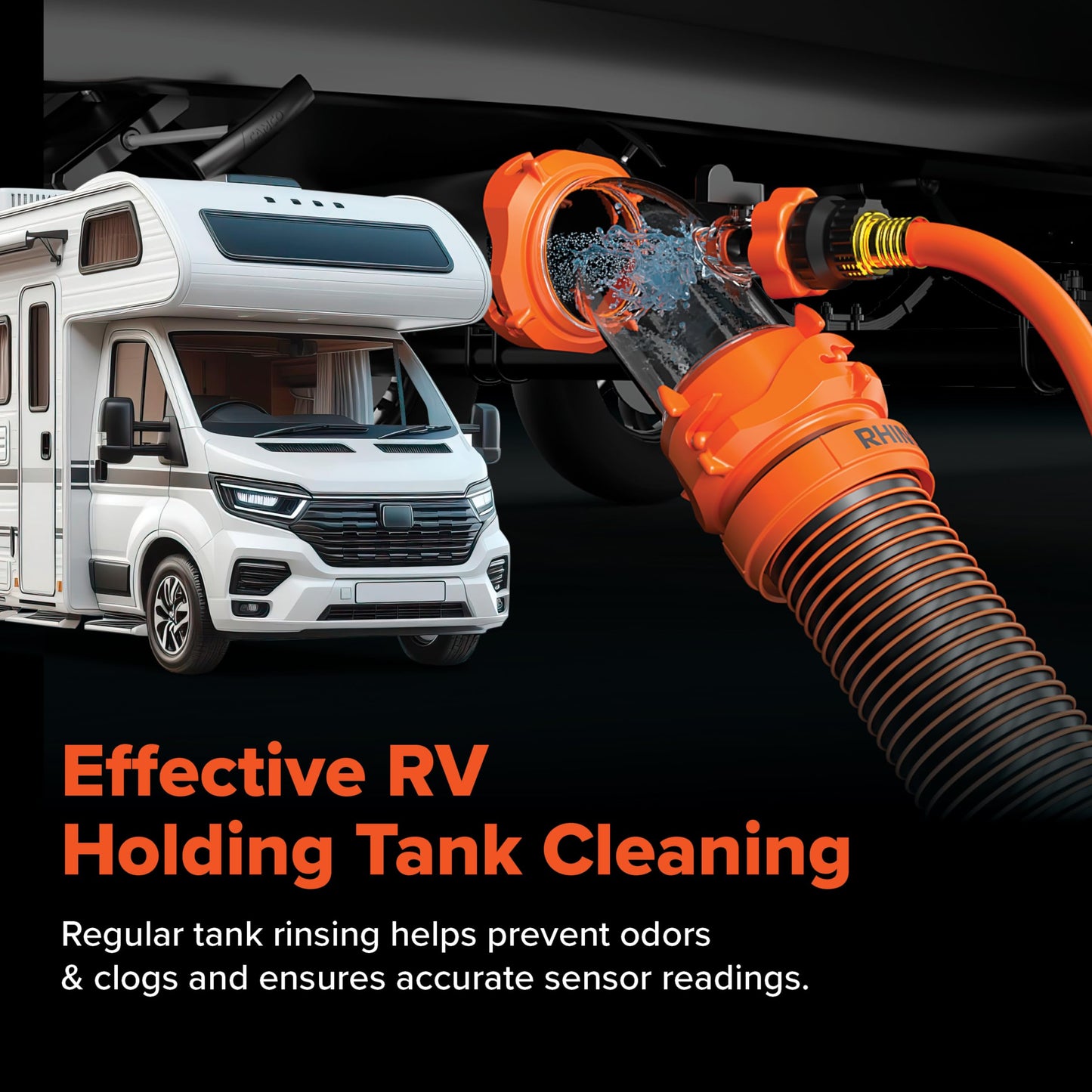 Camco Rhino Blaster — Camper Holding Tank and RV Portable Waste Tank Rinser — Provides Thorough RV Tank Cleaning — Features a Backflow Preventer & 45-Degree Clear Elbow Adapter (39080)