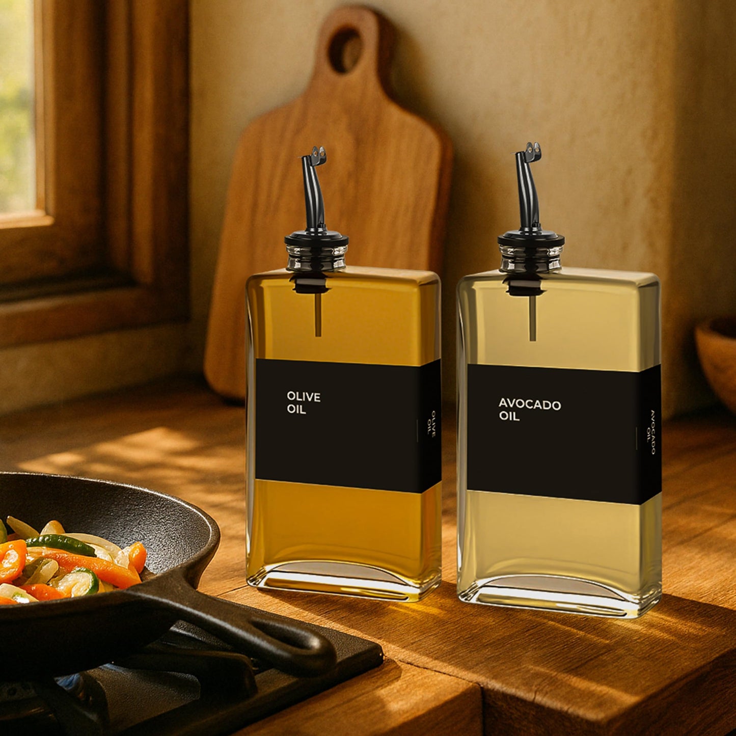 Spaceneat Olive Oil Dispenser Bottle - Includes 48 Kitchen Essential Labels - Cooking Oil Bottles for Kitchen, Coffee Syrup Dispenser - Pourer Spout with 350 mL Glass Container Cruet - 4pcs, Black