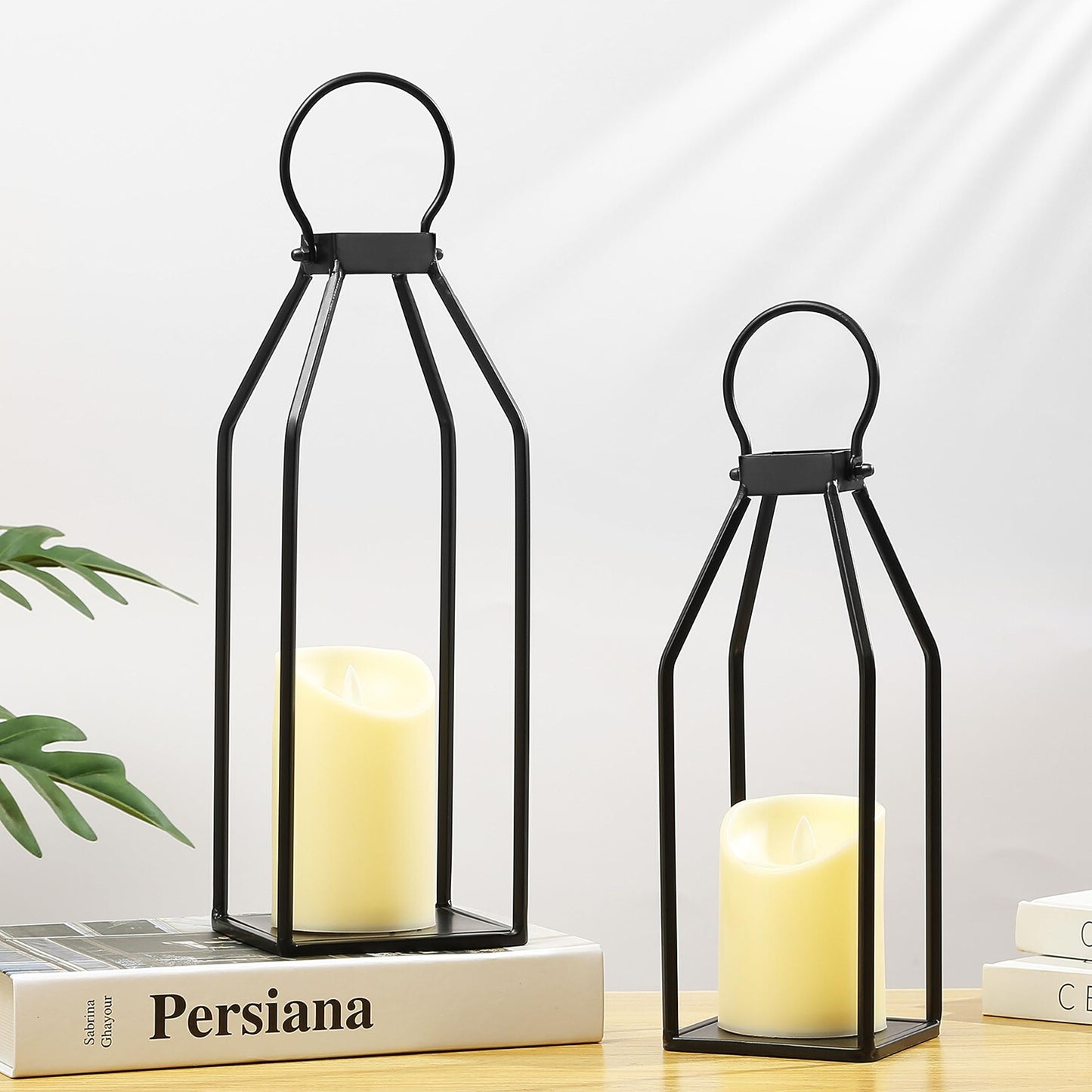 Perfnique Modern Farmhouse Lantern Decor, Set of 2 Black Metal Lanterns, 2 LED 6hr Timer Flickering Flameless Candles, Lanterns Decorative for Outdoor Decor, Home, Indoor, Patio (15inch & 13inch)