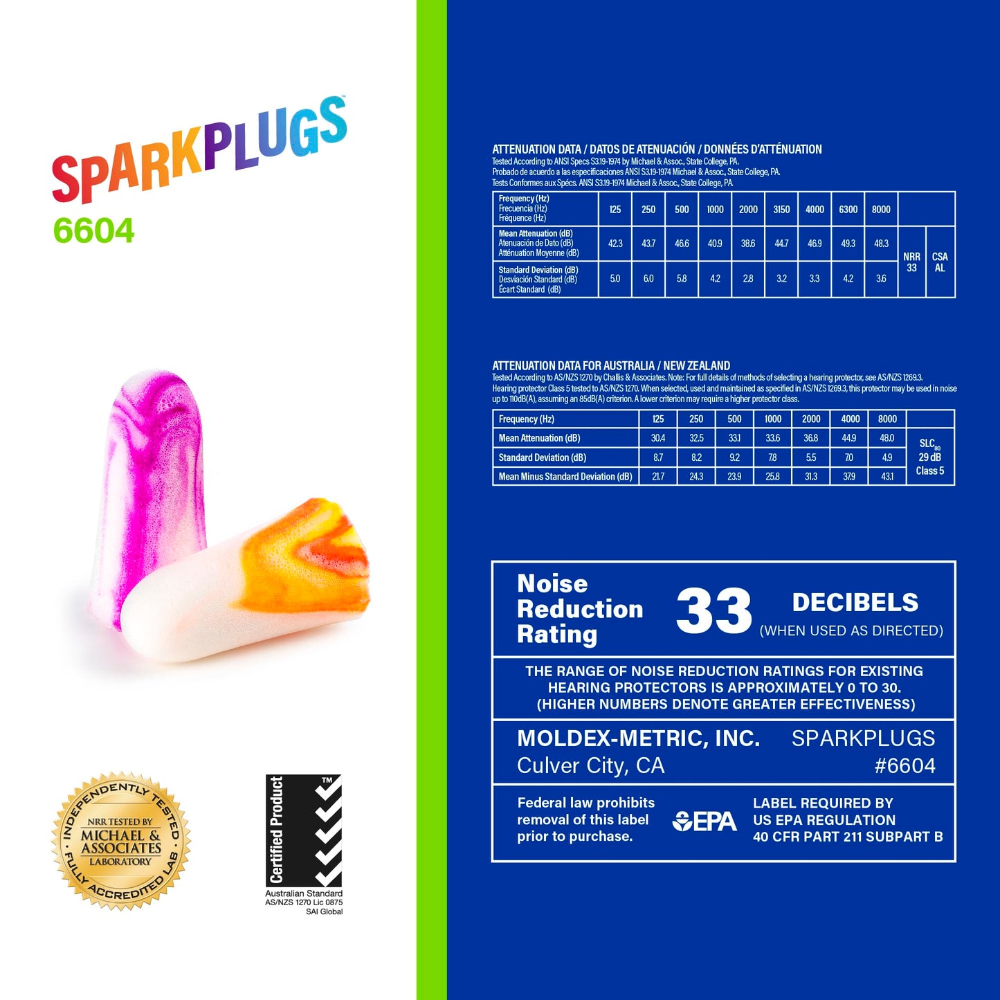 200 Pairs Moldex 6604 Sparkplugs Disposable Ear Plug Uncorded NRR 33